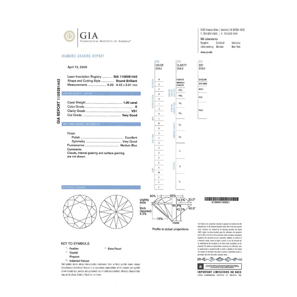 GIA 天然圓形明亮式切割鑽石 1.00 克拉 E VS1