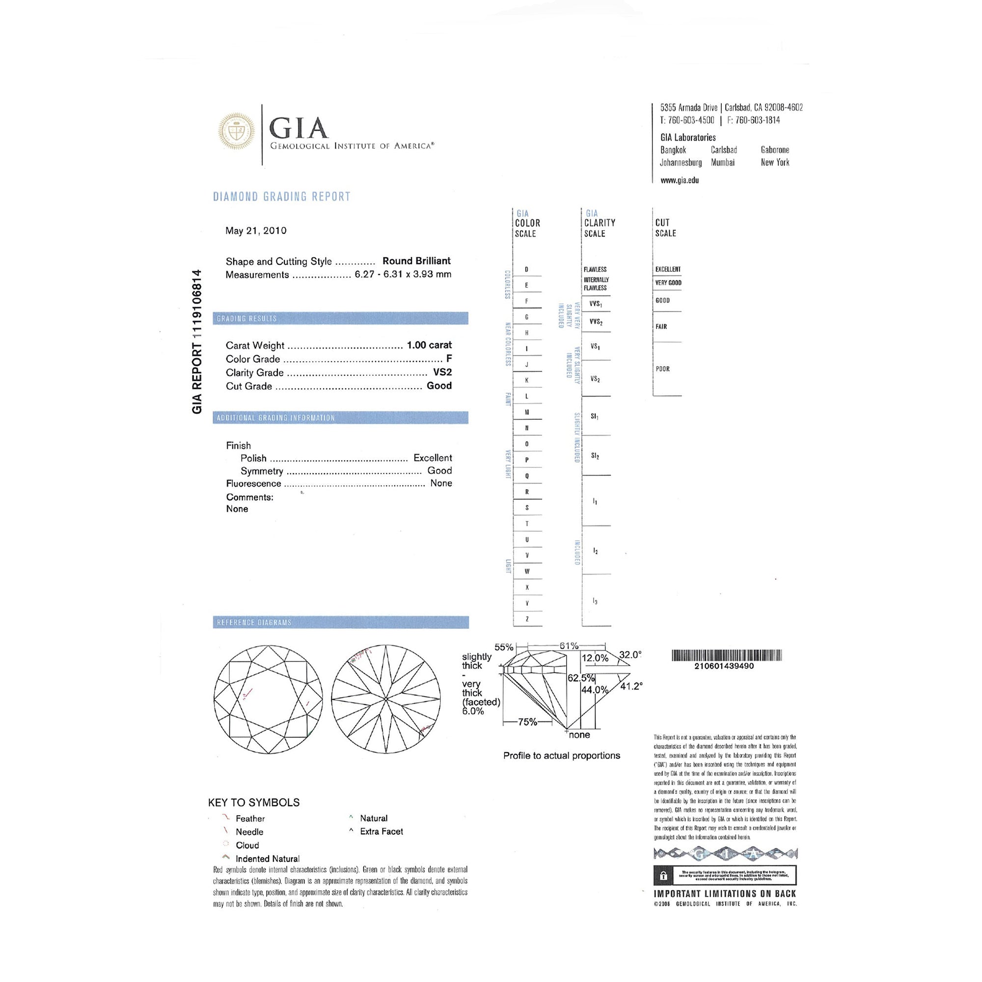 GIA Natural Round Brilliant Cut Diamond 1.00ct F VS2