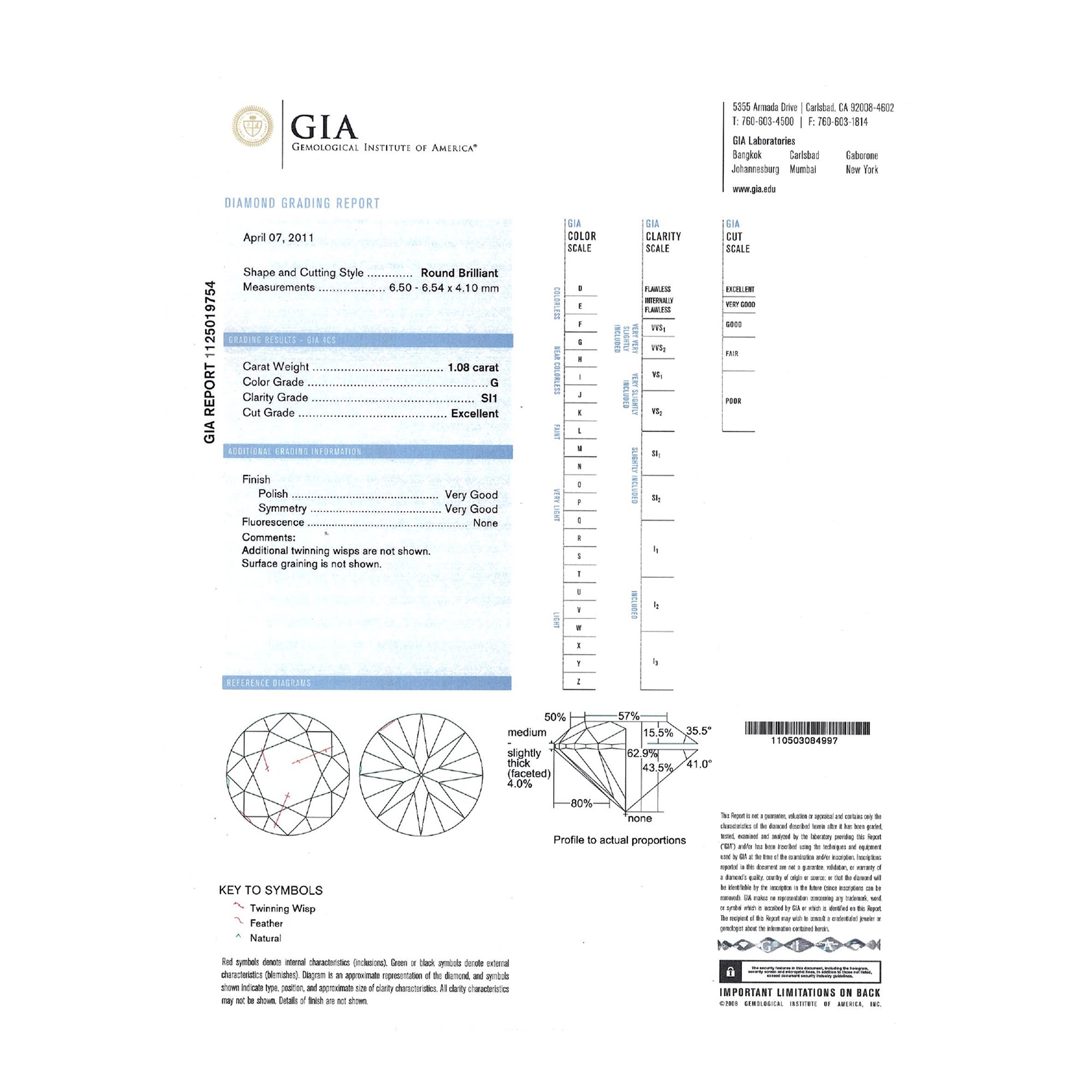 GIA Natural Round Brilliant Cut Diamond 1.08ct G SI1
