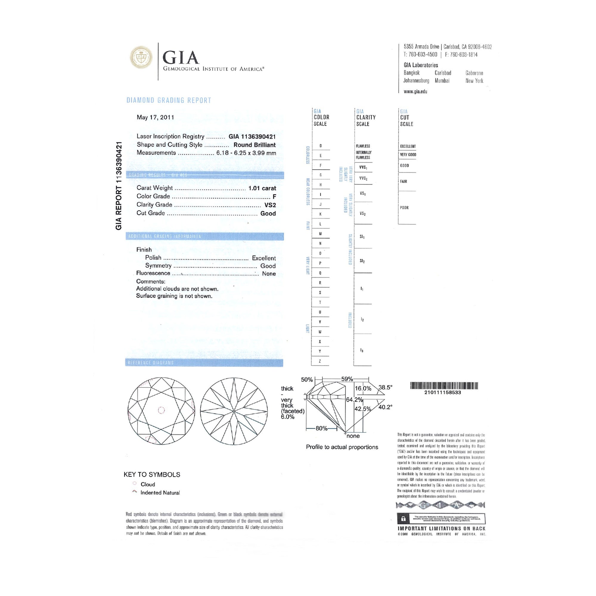 GIA Natural Round Brilliant Cut Diamond 1.01ct F VS2