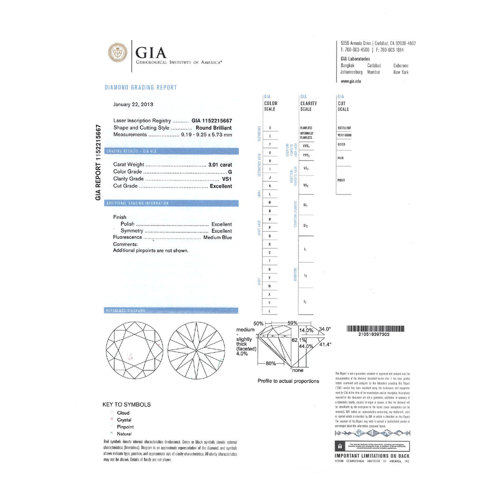 GIA Natural Round Brilliant Cut Diamond 3.01ct G VS1