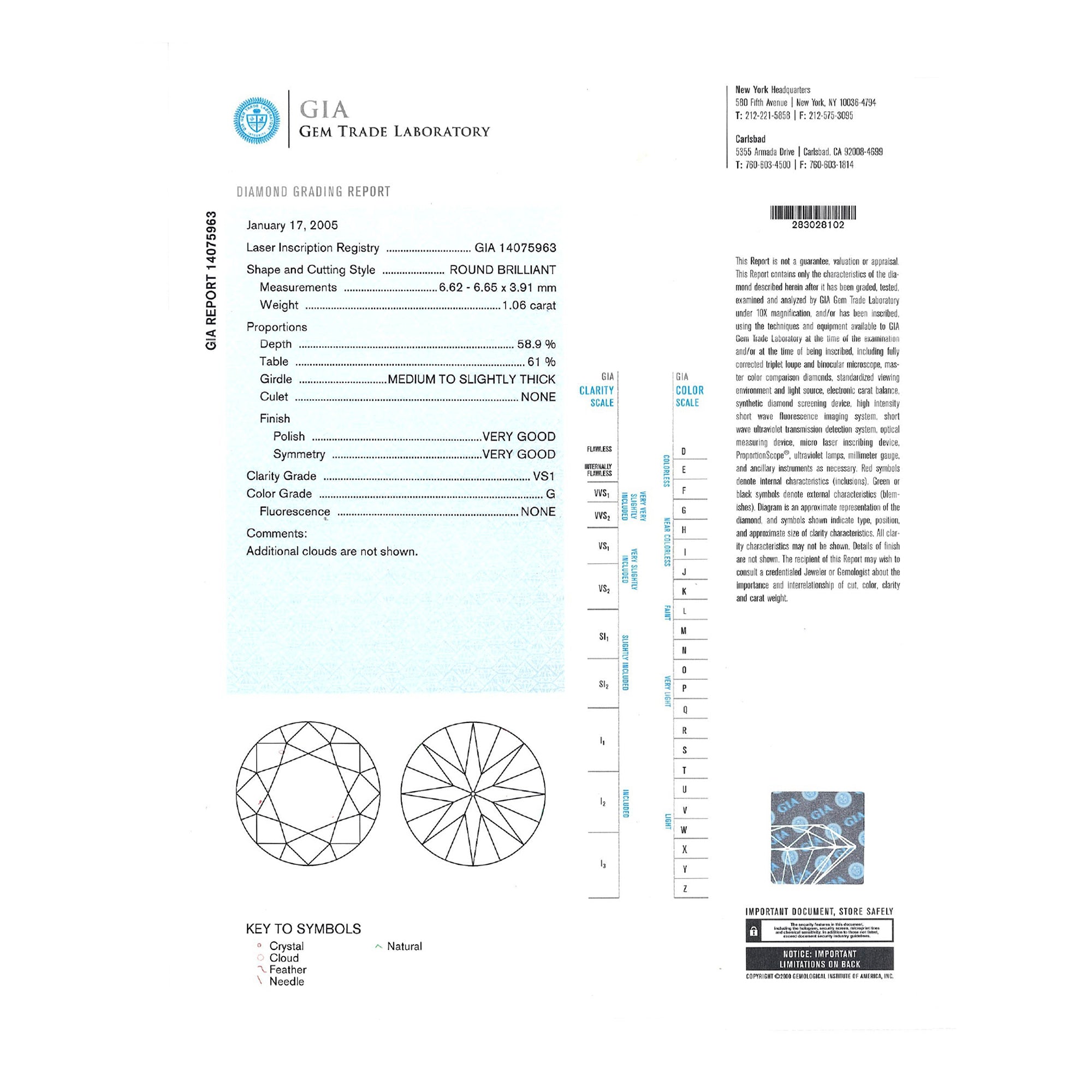 GIA Natural Round Brilliant Cut Diamond 1.06ct G VS1