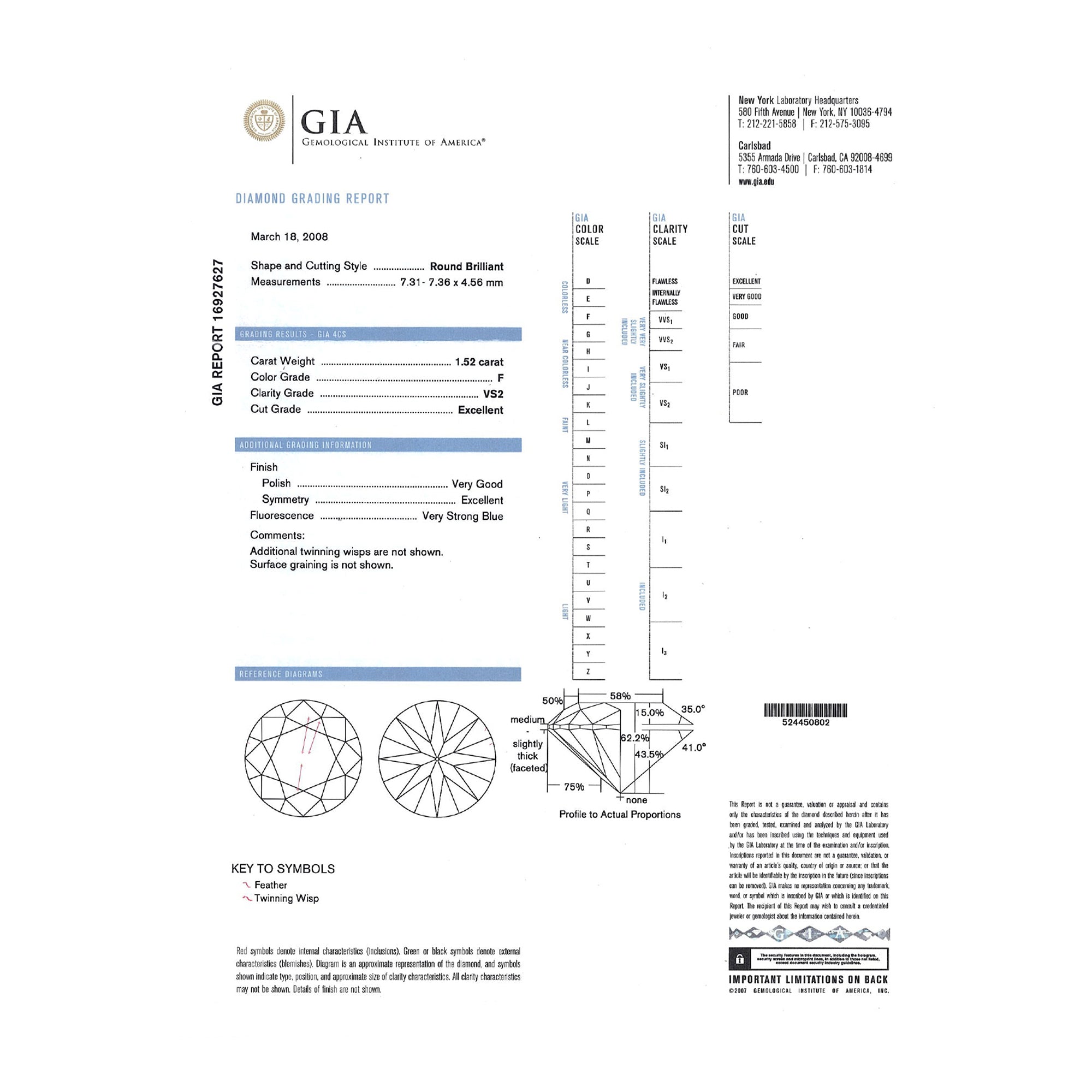 GIA Natural Round Brilliant Cut Diamond 1.52ct F VS2