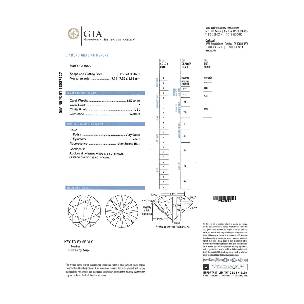 GIA Natural Round Brilliant Cut Diamond 1.52ct F VS2