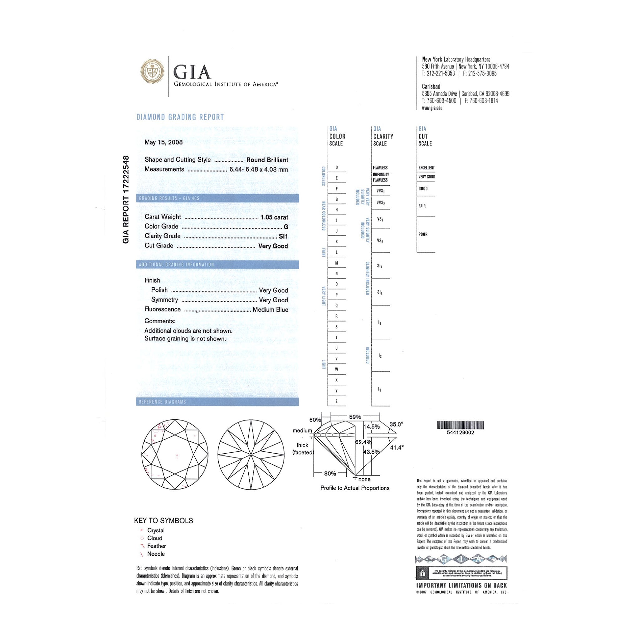 GIA Natural Round Brilliant Cut Diamond 1.05ct G SI1