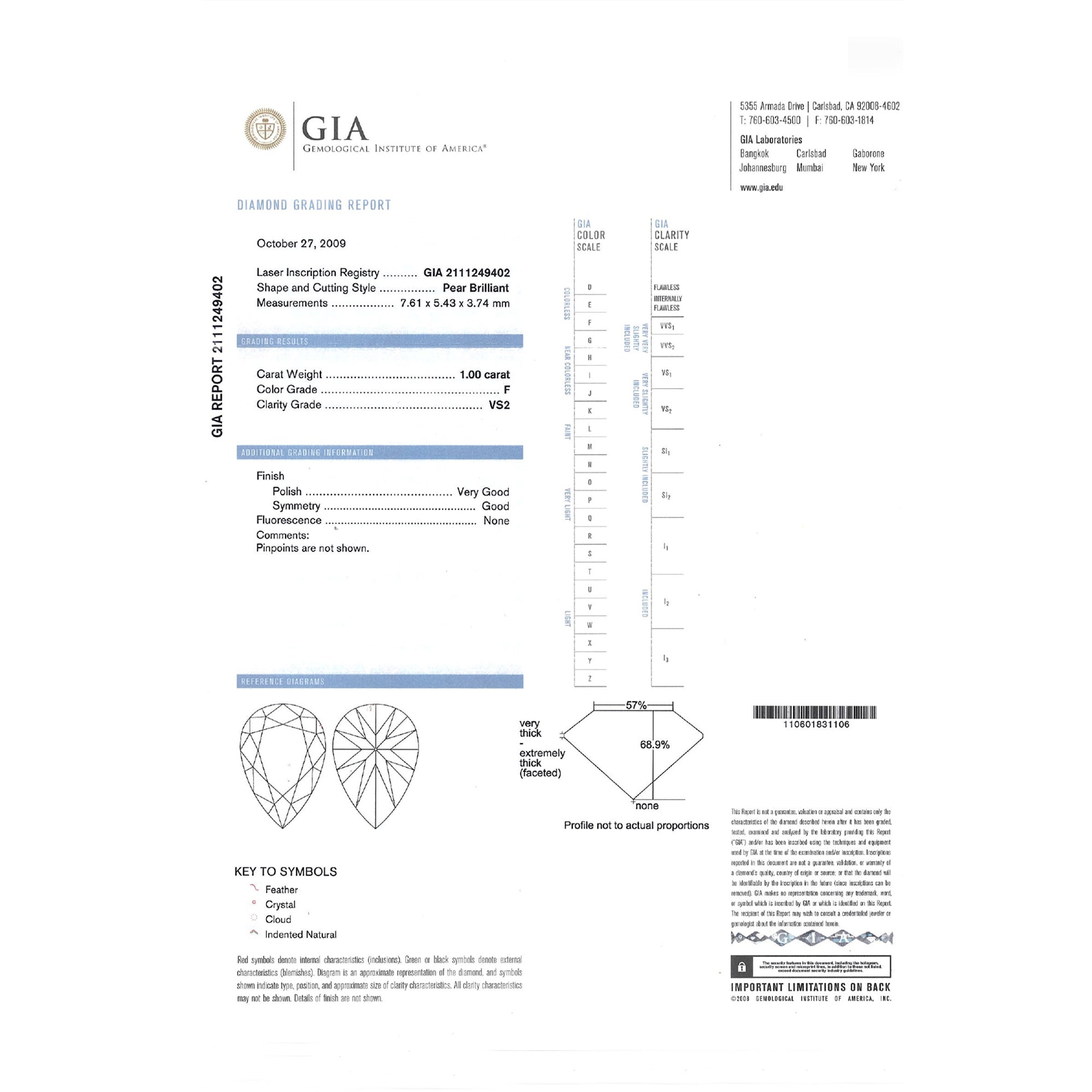 GIA 天然梨形明亮式切割鑽石 1.00 克拉 F VS2