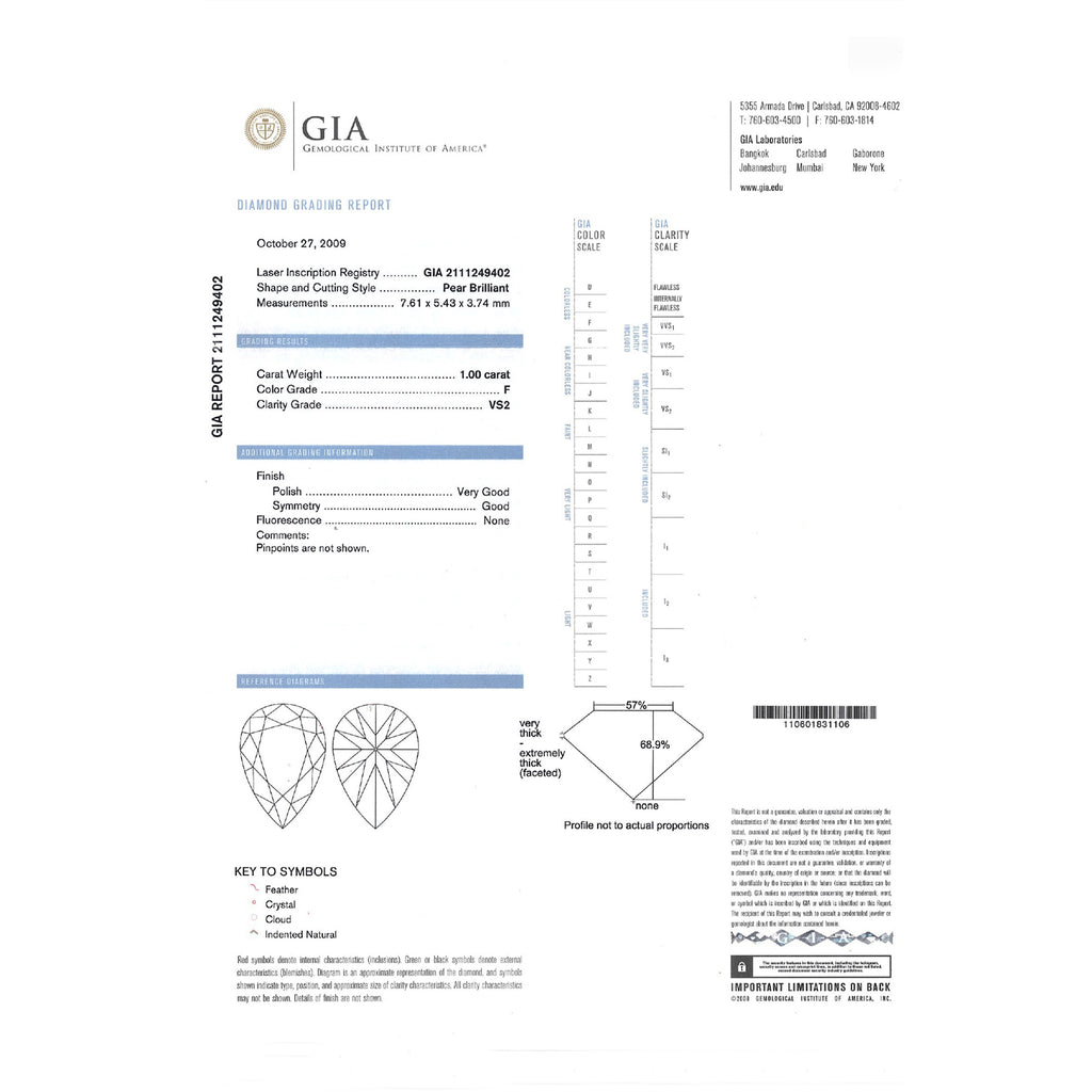 GIA Natural Pear Brilliant Cut Diamond 1.00ct F VS2