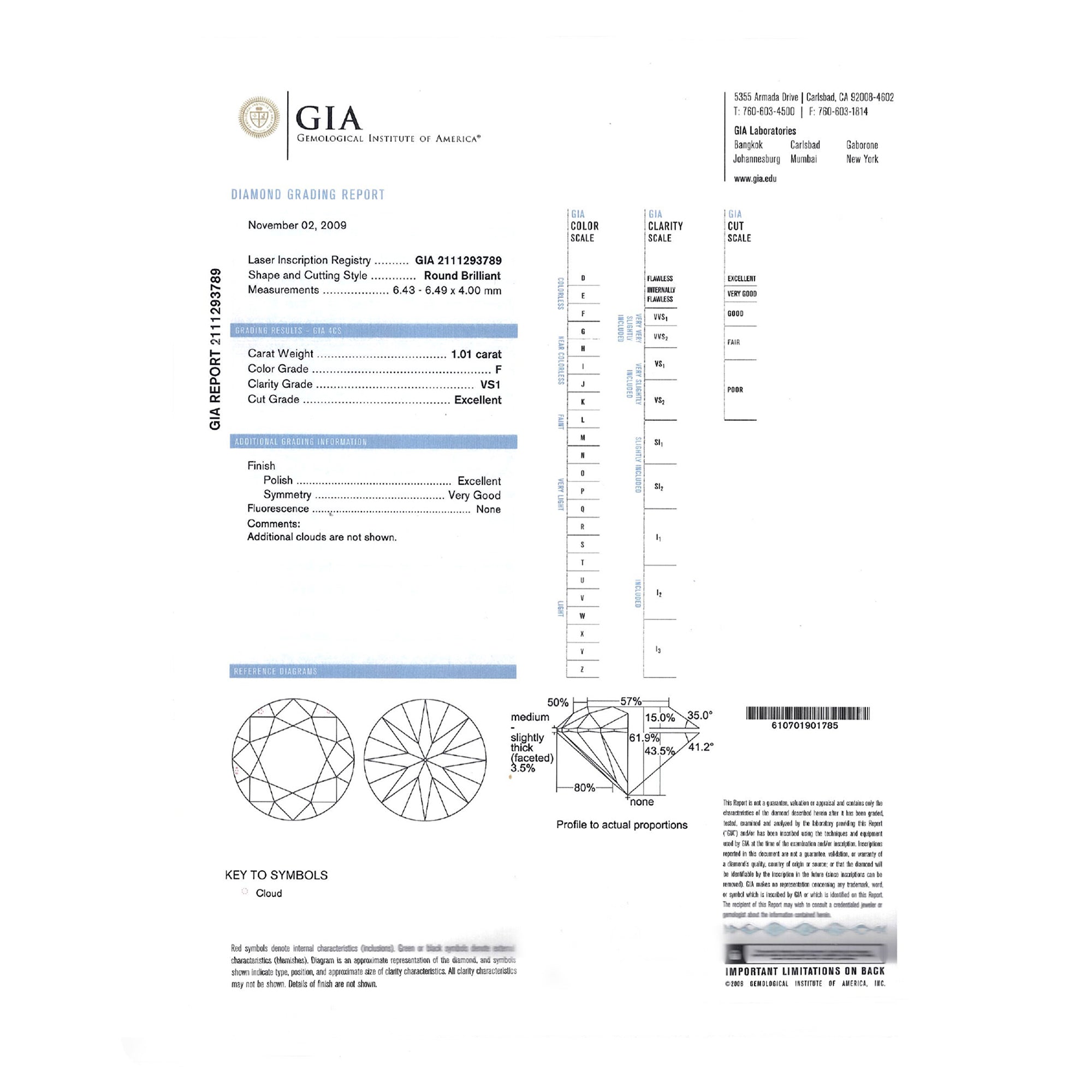 GIA Natural Round Brilliant Cut Diamond 1.01ct F VS1