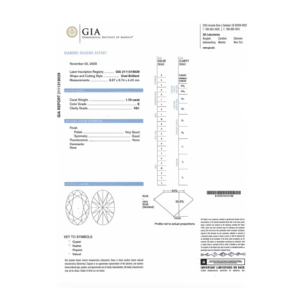 GIA 天然橢圓形明亮式切割鑽石 1.70 克拉 E VS1