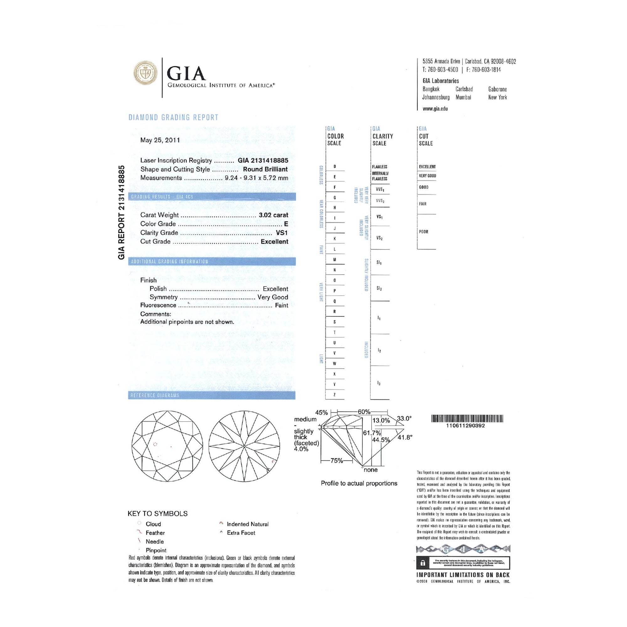 GIA Natural Round Brilliant Cut Diamond 3.02ct E VS1