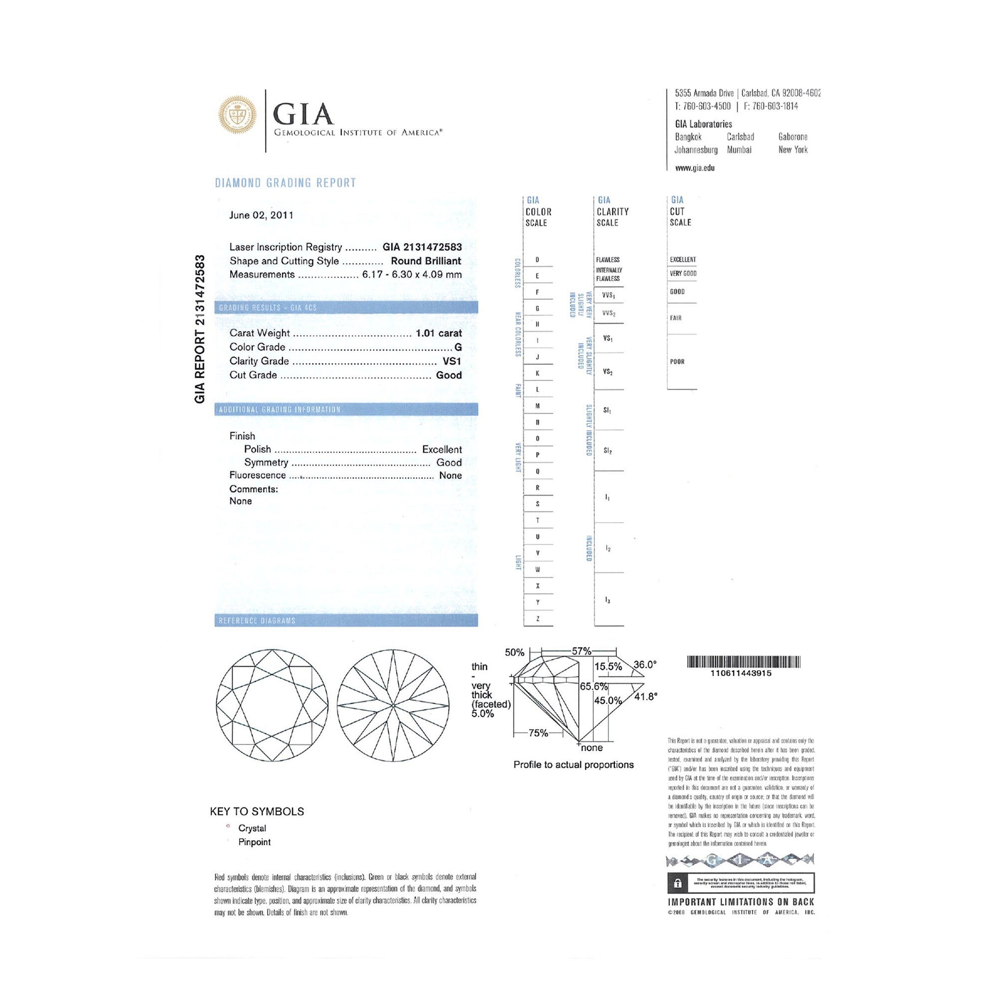 GIA Natural Round Brilliant Cut Diamond 1.01ct G VS1