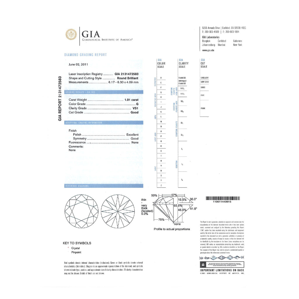 GIA Natural Round Brilliant Cut Diamond 1.01ct G VS1