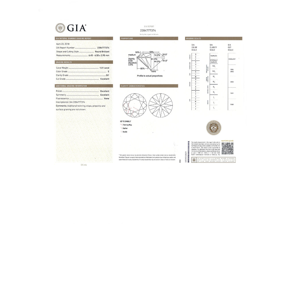 GIA 天然圆形明亮式切工钻石 1.01克拉 E SI1