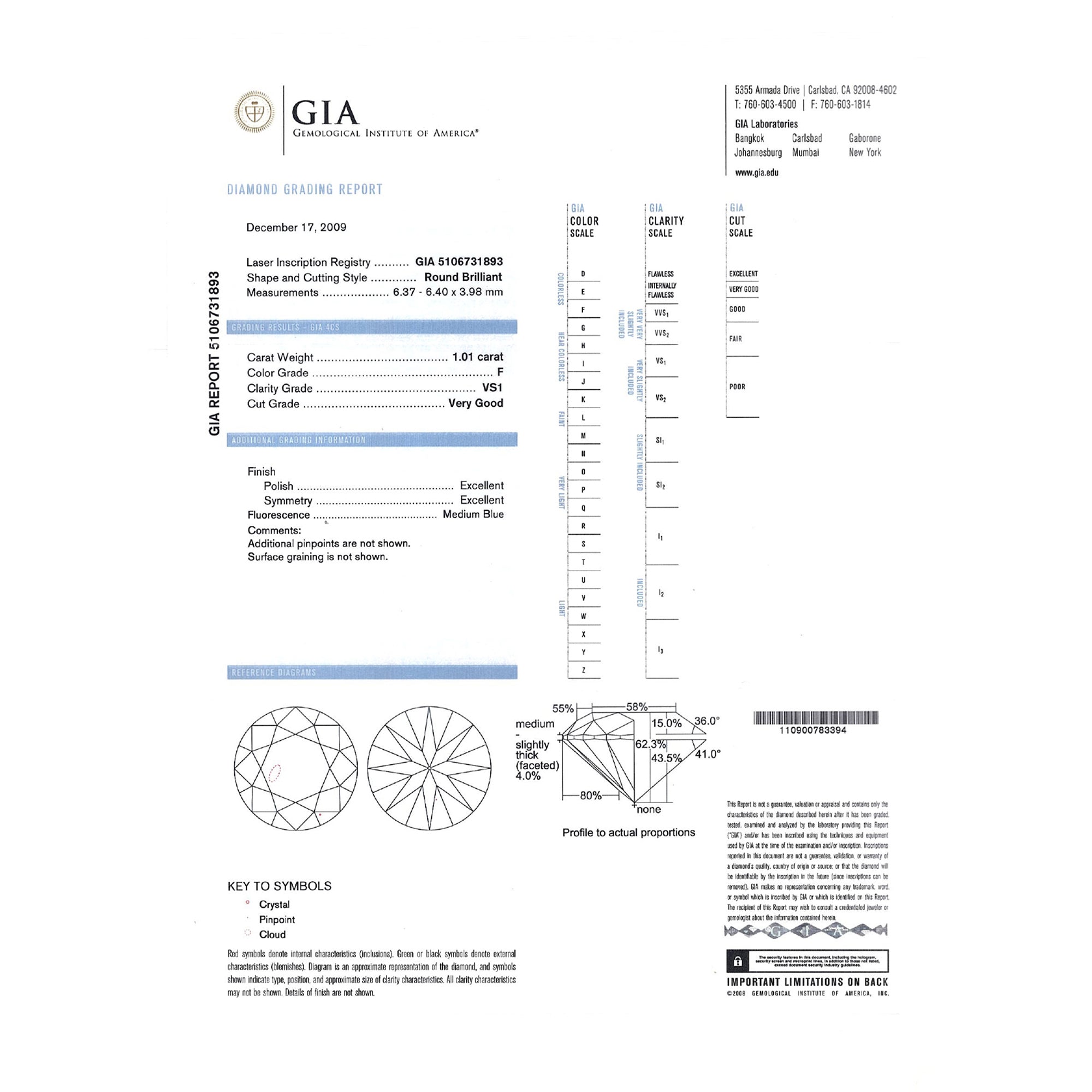 GIA Natural Round Brilliant Cut Diamond 1.01ct F VS1
