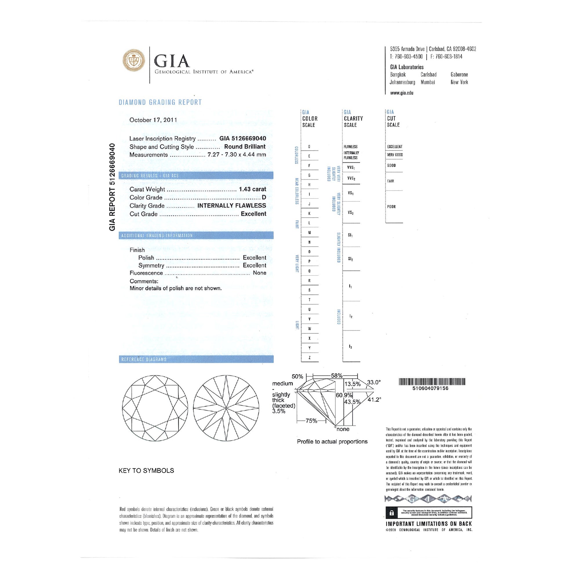 GIA Natural Round Brilliant Cut Diamond 1.43ct D VS2
