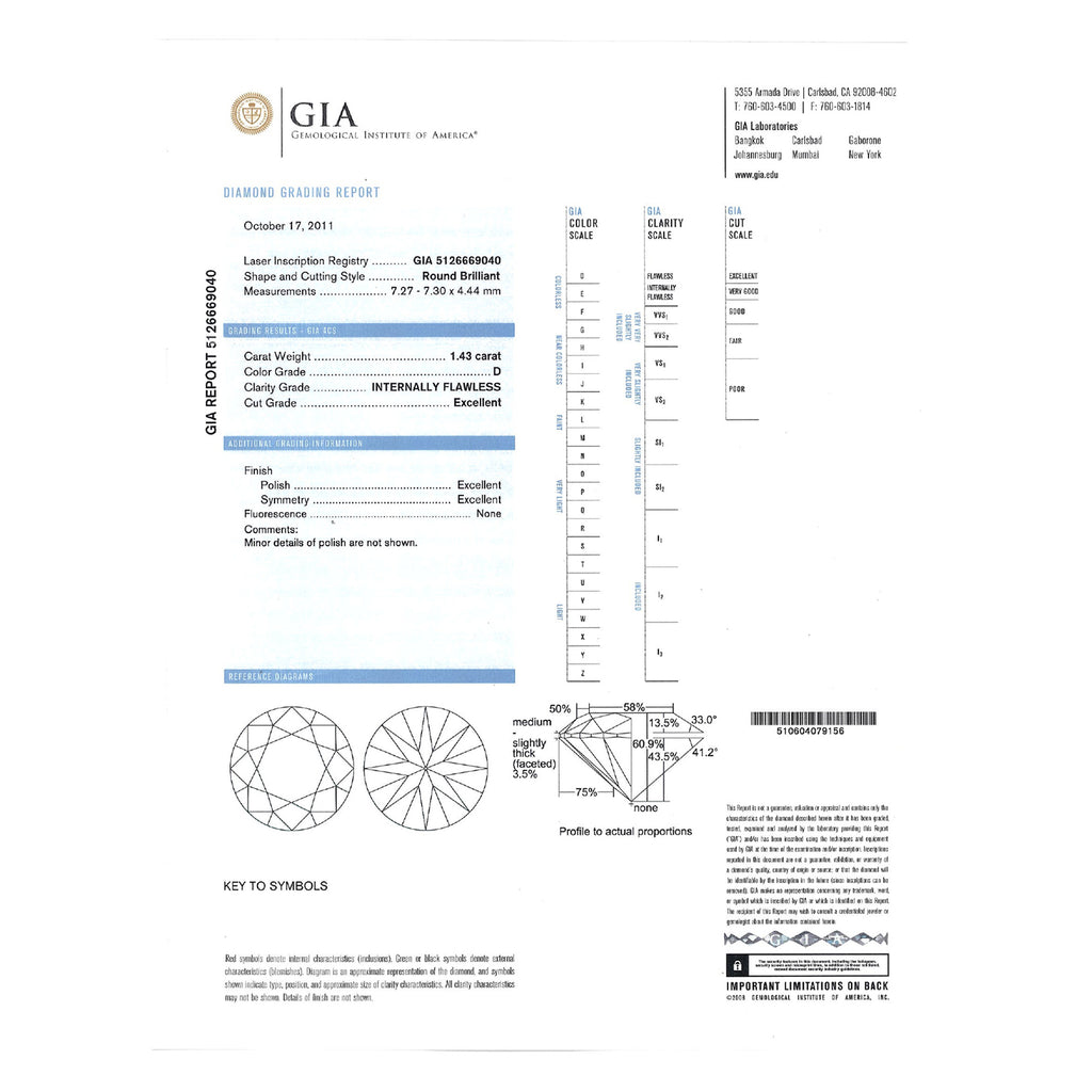 GIA Natural Round Brilliant Cut Diamond 1.43ct D VS2