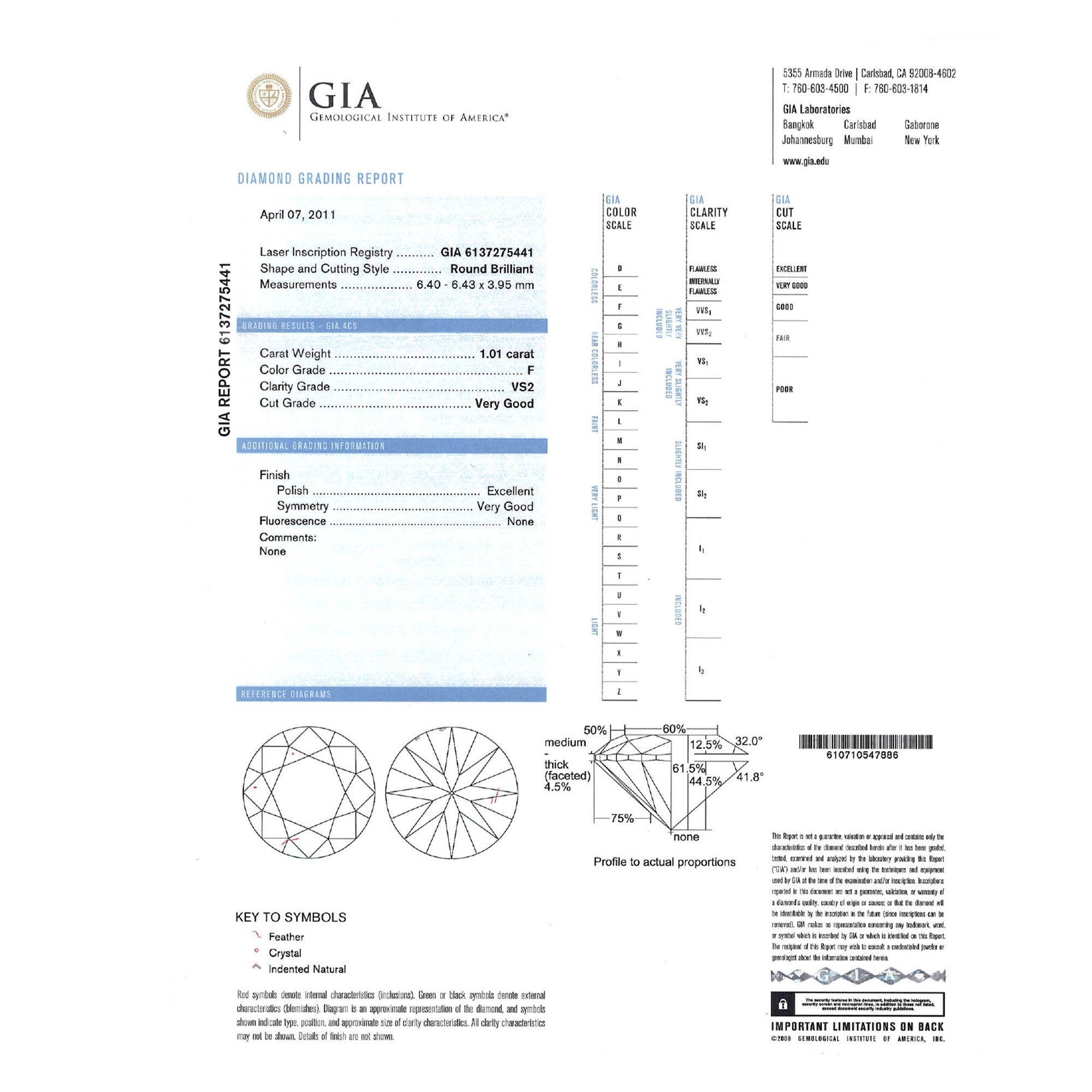 GIA Natural Round Brilliant Cut Diamond 1.01ct F VS2