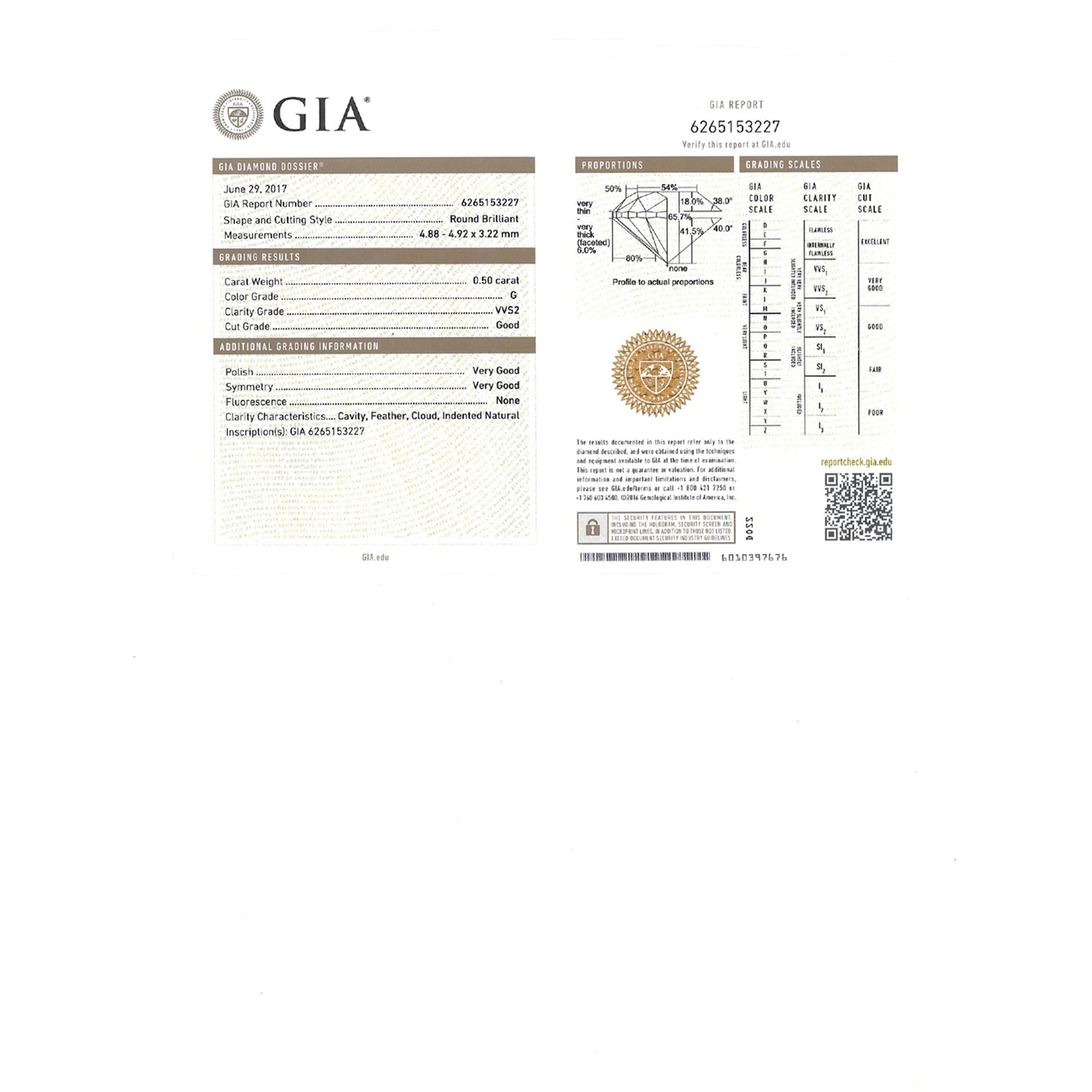 GIA Natural Round Brilliant Cut Diamond 0.50ct G VVS2