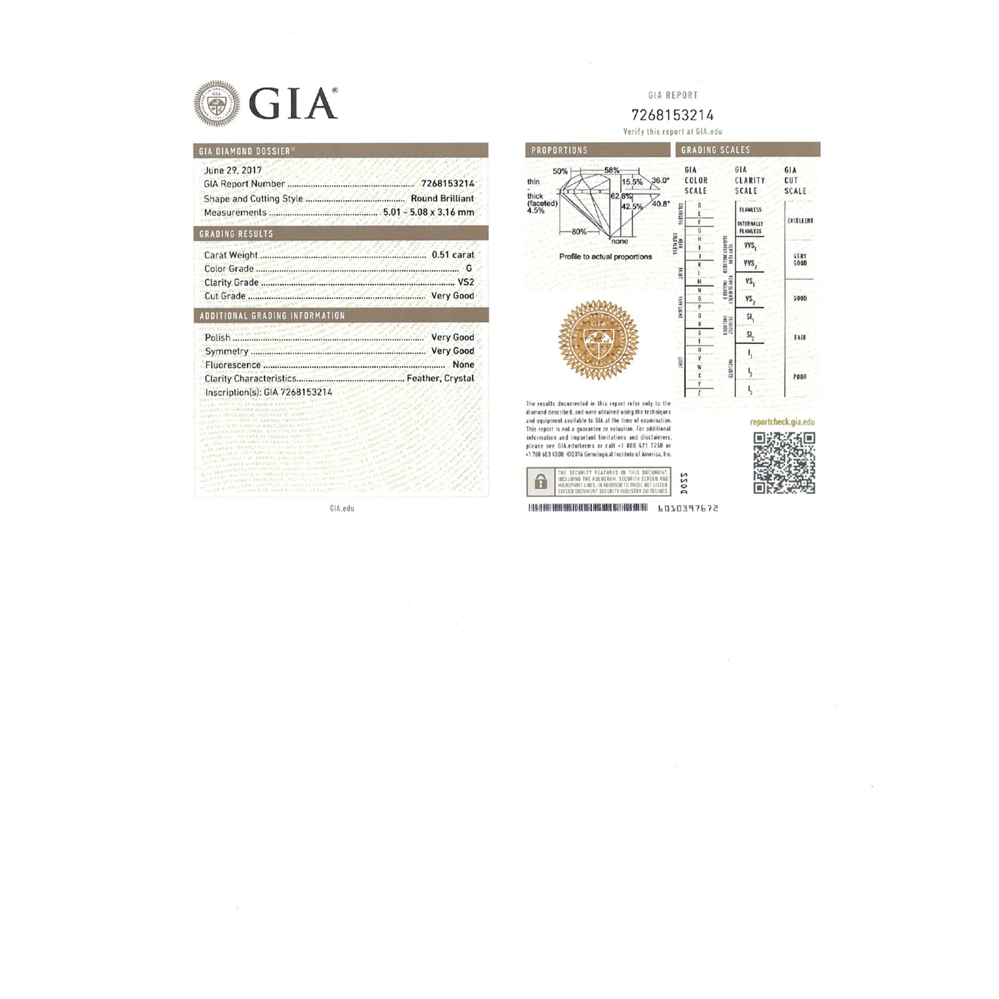 GIA Natural Round Brilliant Cut Diamond 0.51ct G VS2