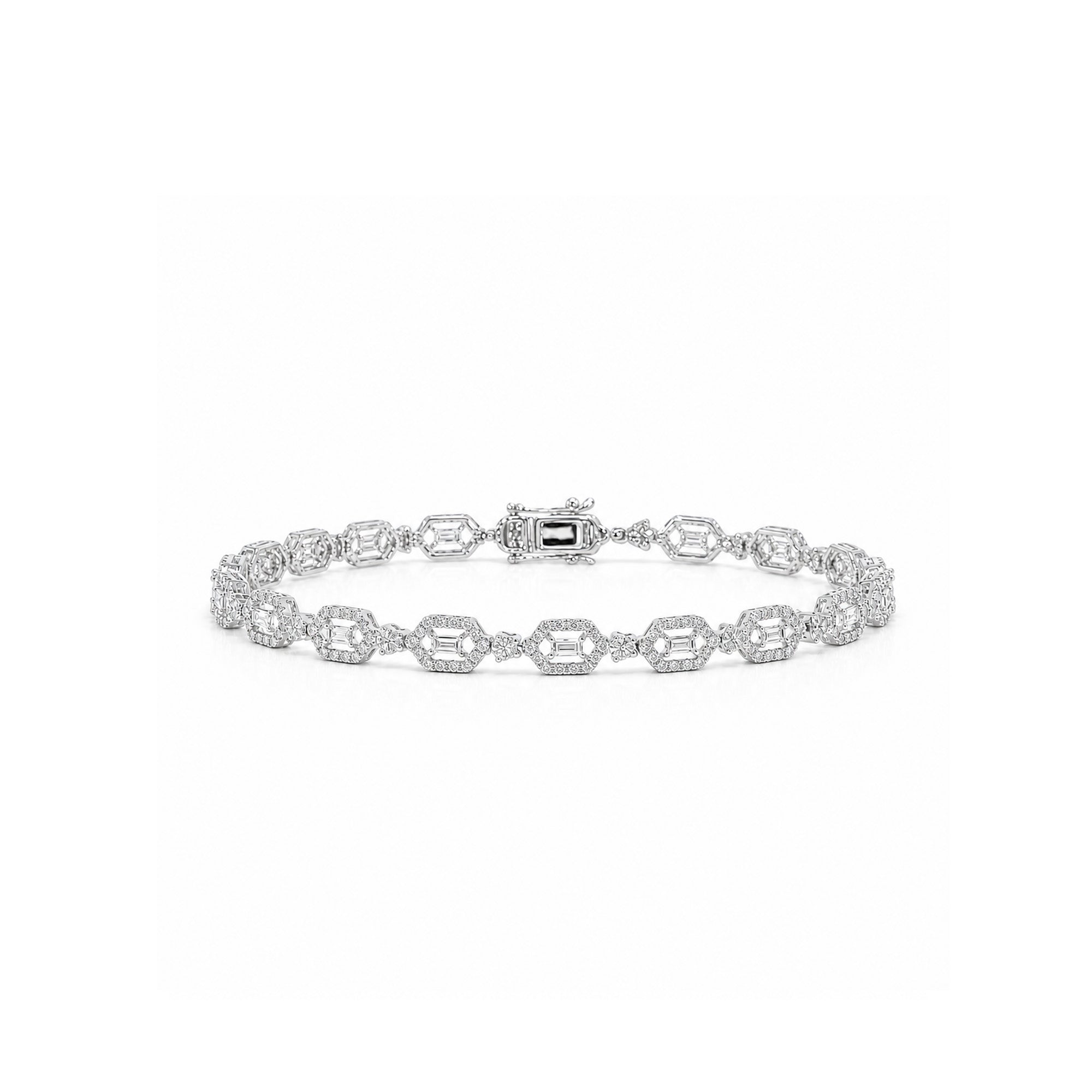 Geometric Hexagon Baguette Diamond Bracelet - Halo Link Bracelet