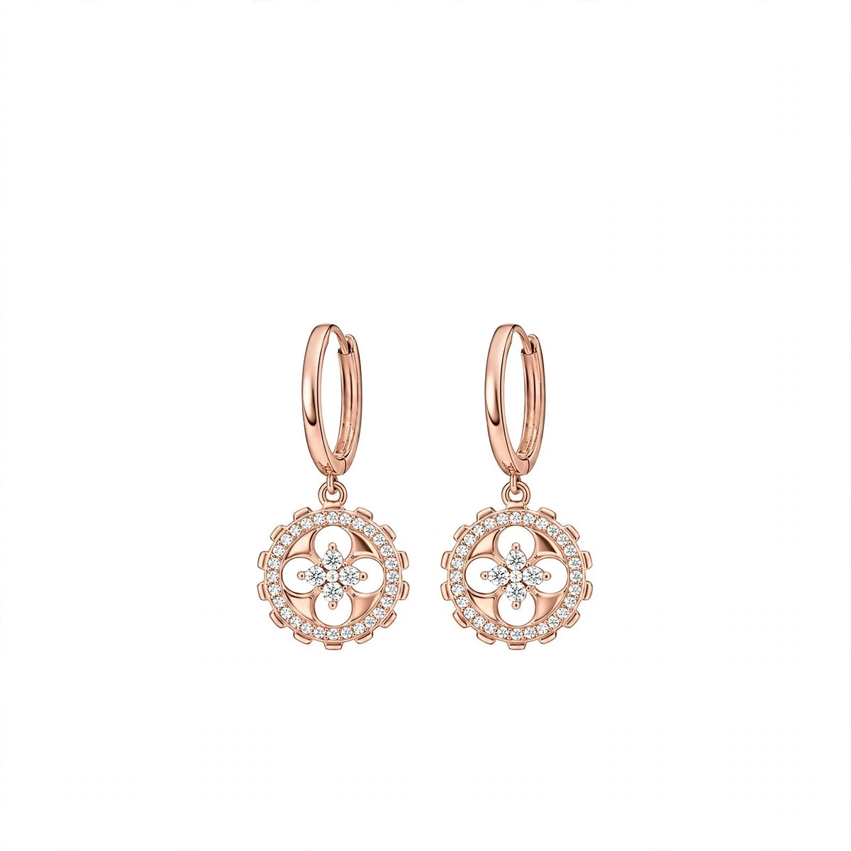 18K Crystal Clover Drop Huggie Diamond Hoop Earrings