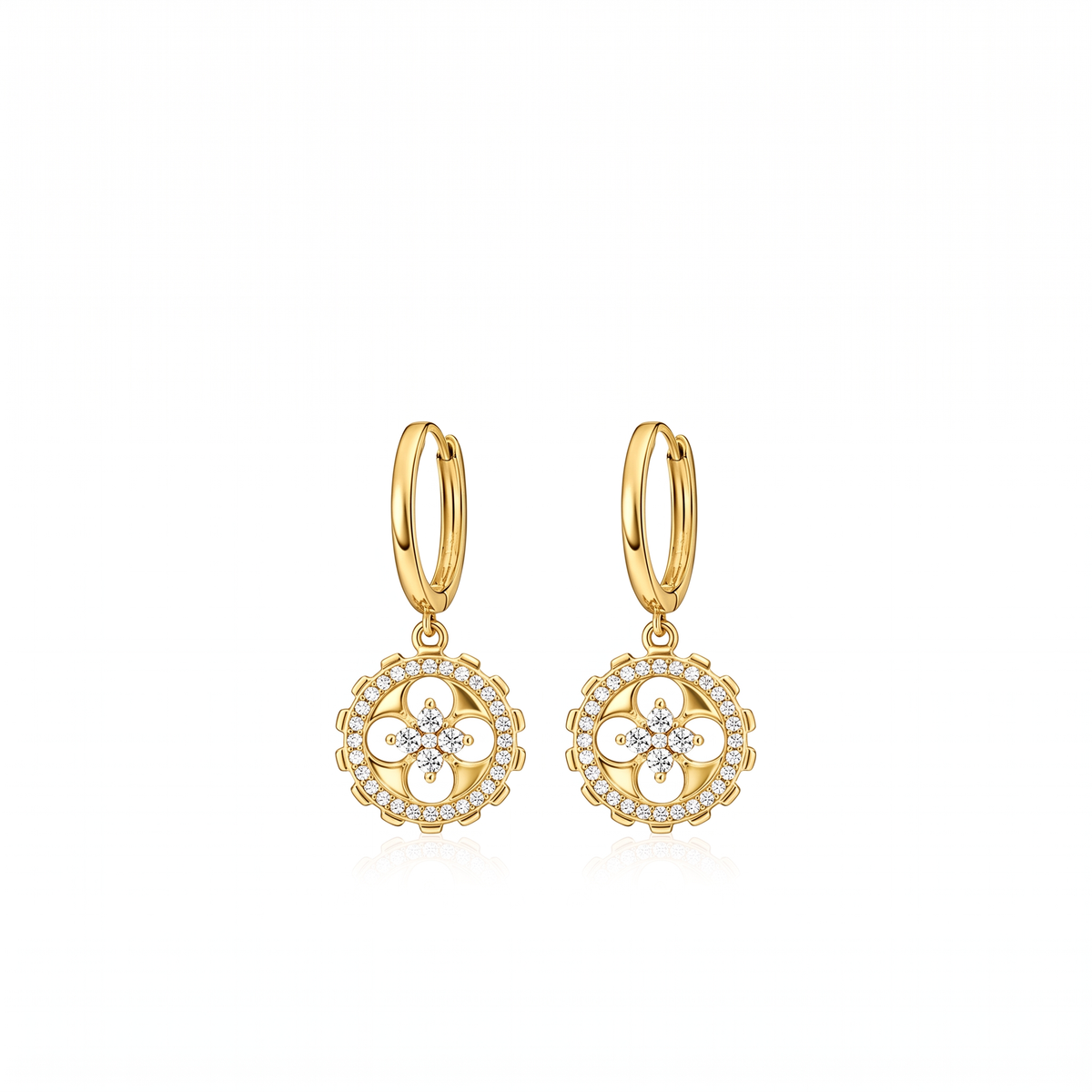 18K Crystal Clover Drop Huggie Diamond Hoop Earrings