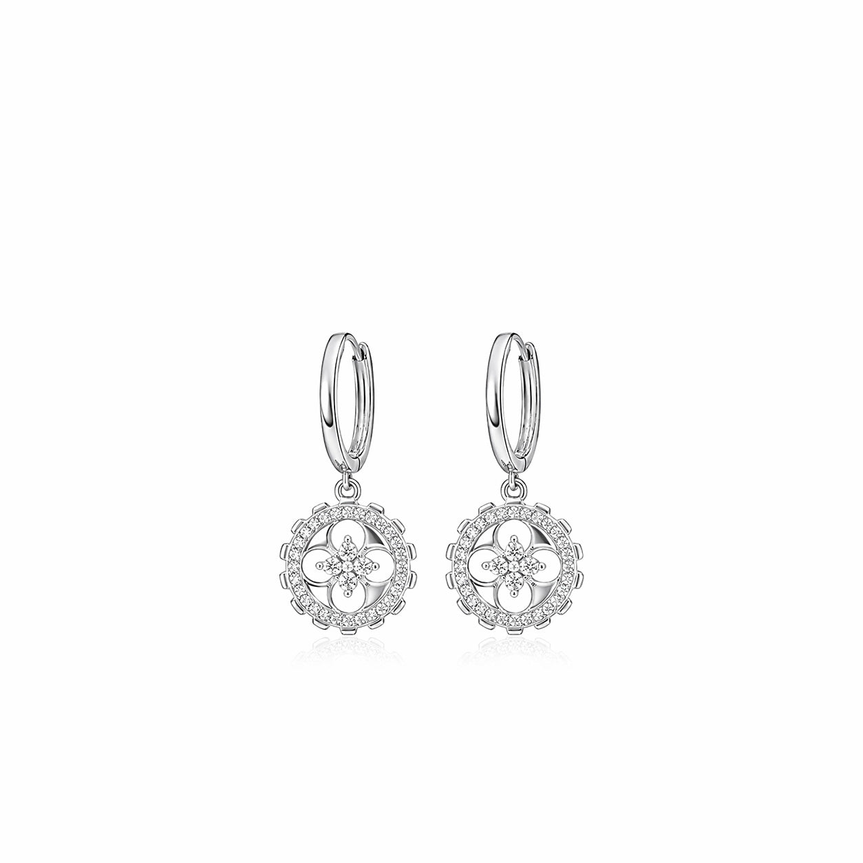 18K Crystal Clover Drop Huggie Diamond Hoop Earrings
