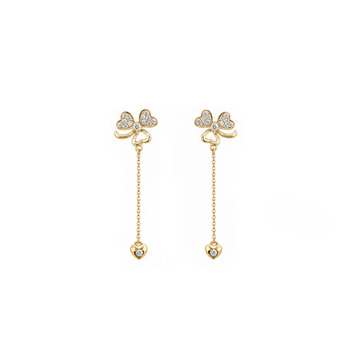 18K Clover Heart Diamond Dangle Earrings