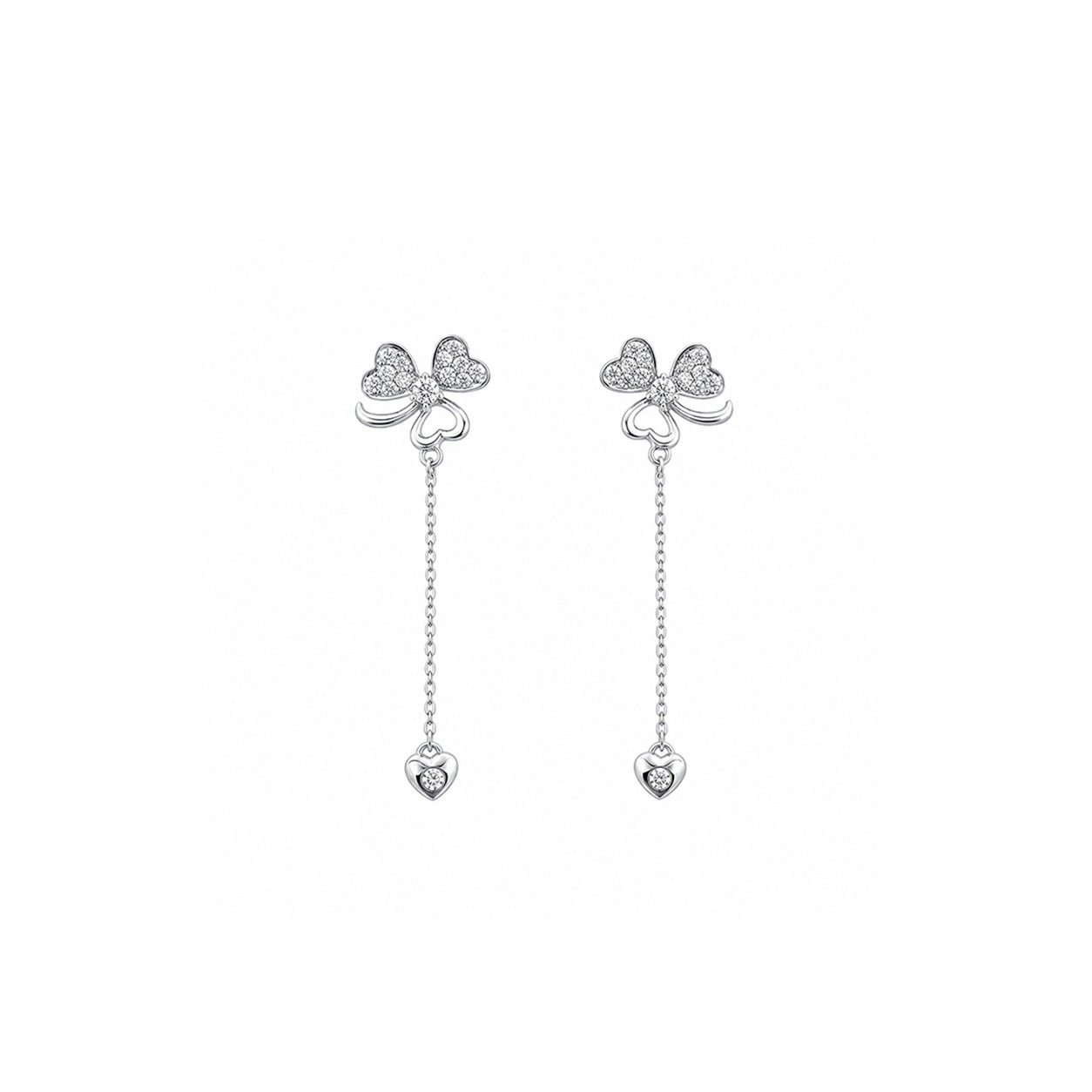 18K Clover Heart Diamond Dangle Earrings