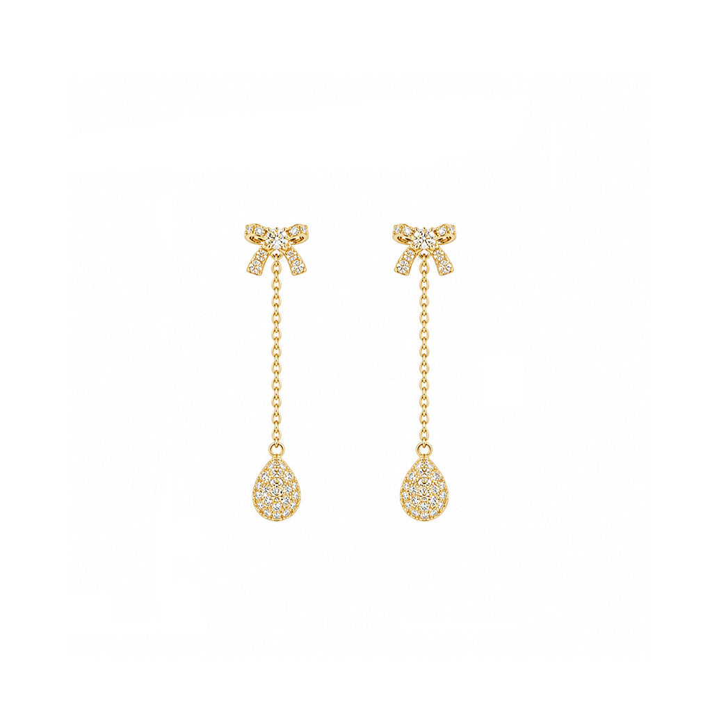 18K Bow & Pave Teardrop Diamond Dangle Earrings