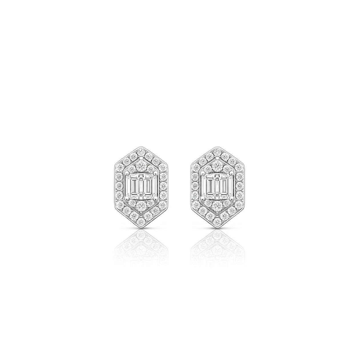 18K Art Deco Hexagon Halo Diamond Stud Earrings