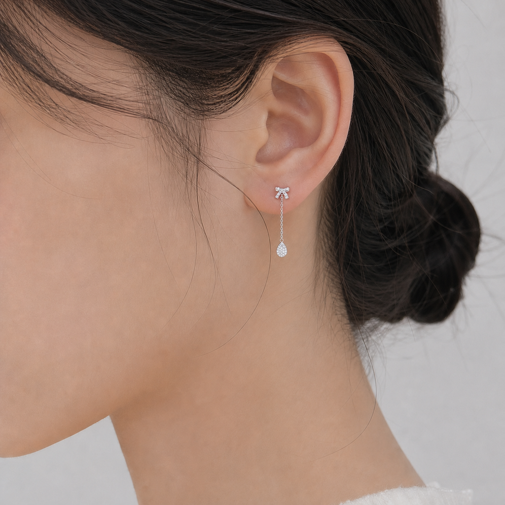 18K Bow & Pave Teardrop Diamond Dangle Earrings