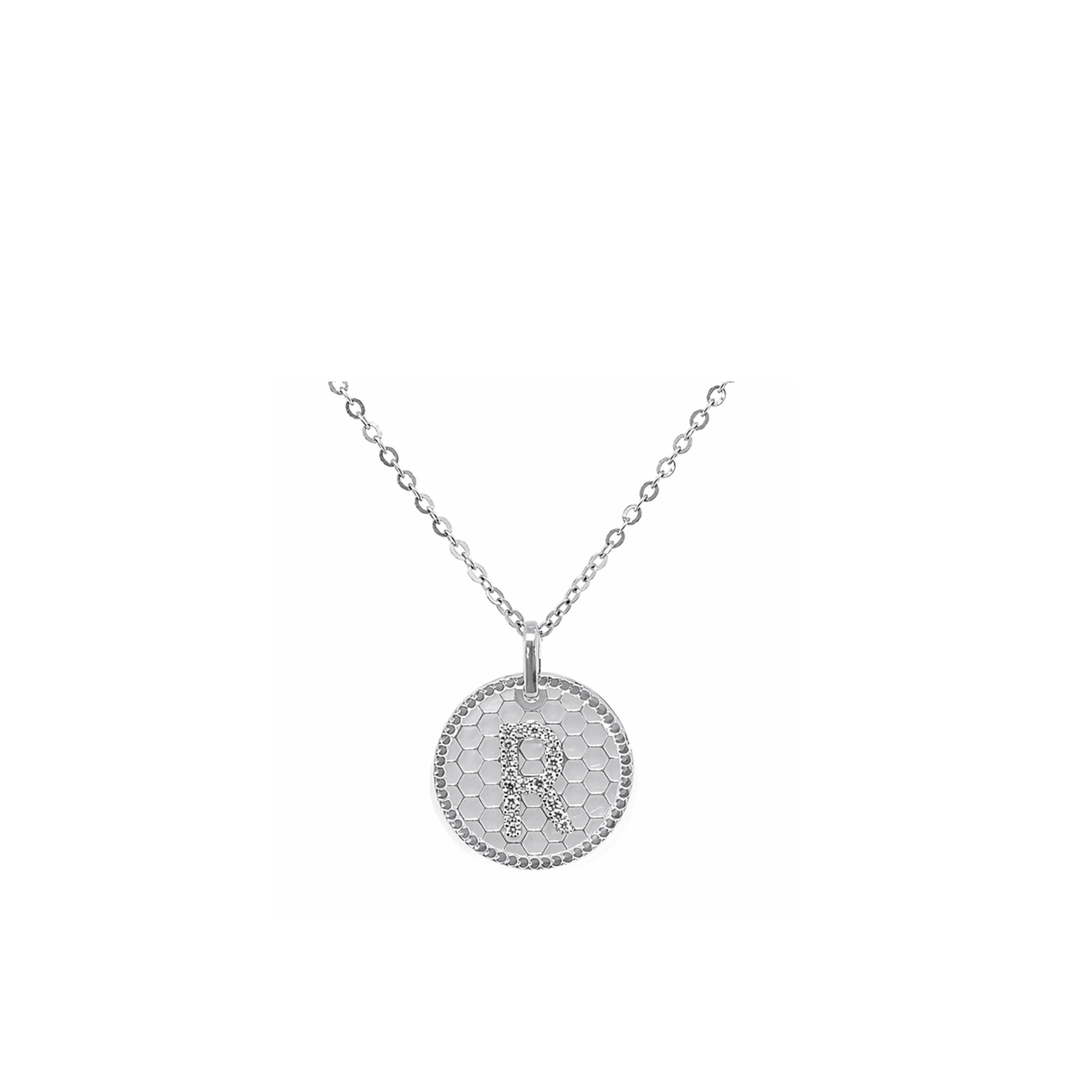 18K Honeycomb Initial Diamond Pendant Letter "R"