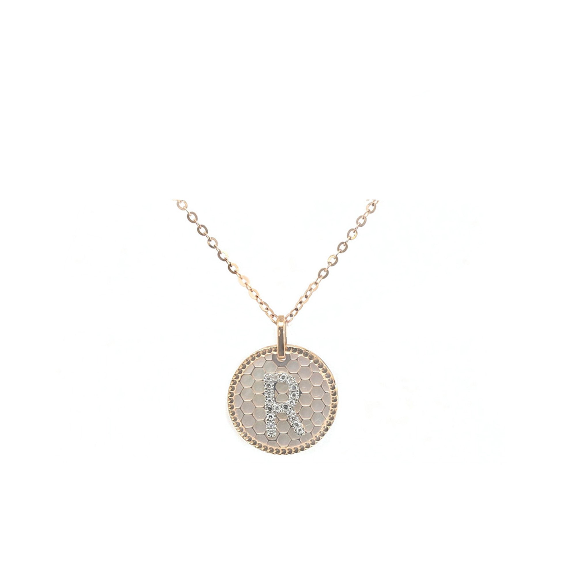 18K Honeycomb Initial Diamond Pendant Letter "R"