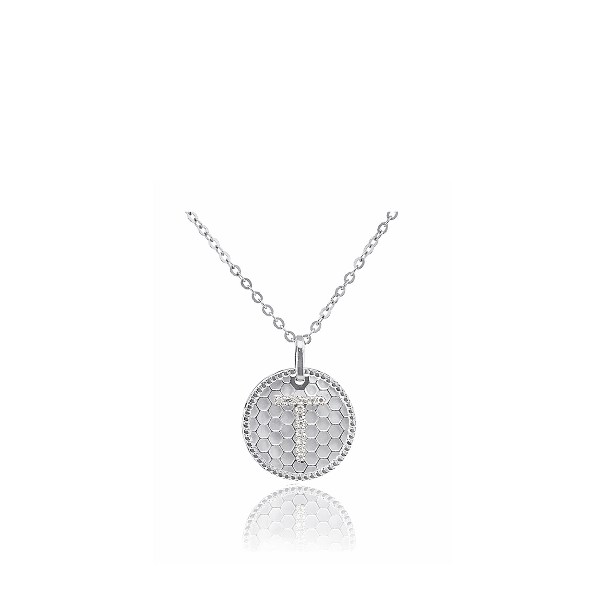 18K Honeycomb Initial Diamond Pendant   Letter "T"