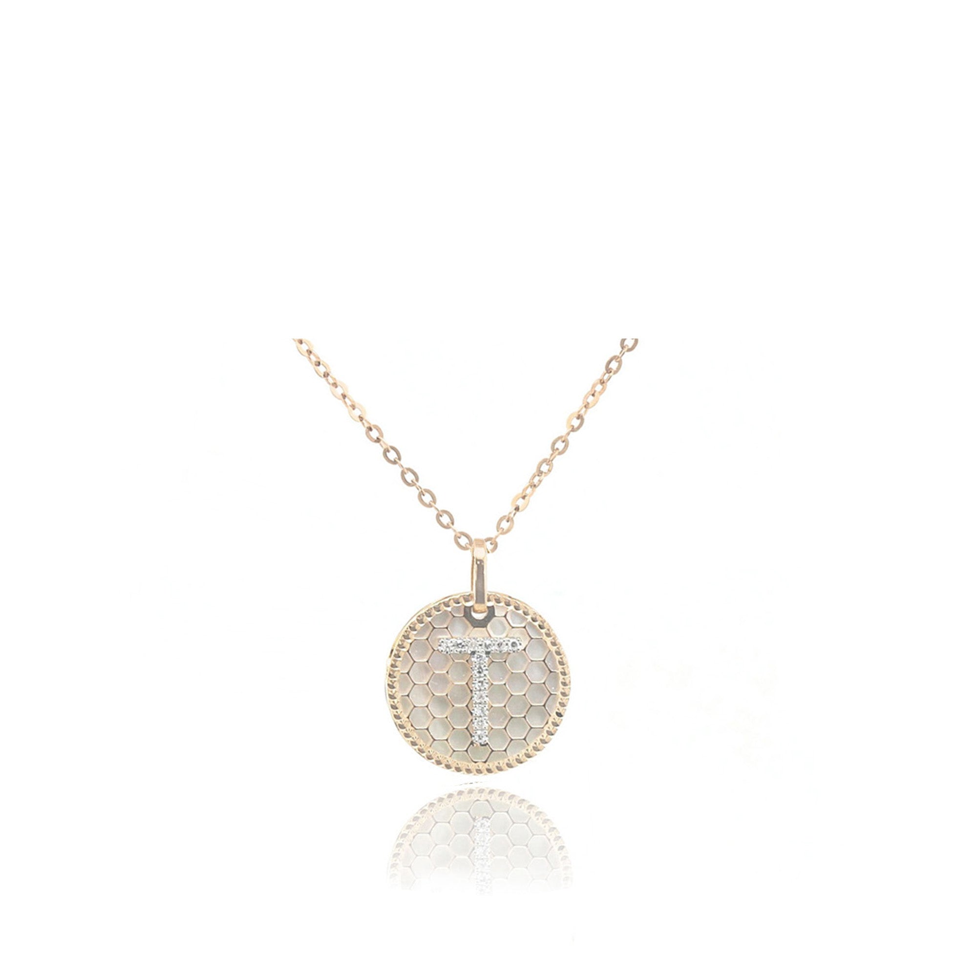 18K Honeycomb Initial Diamond Pendant   Letter "T"