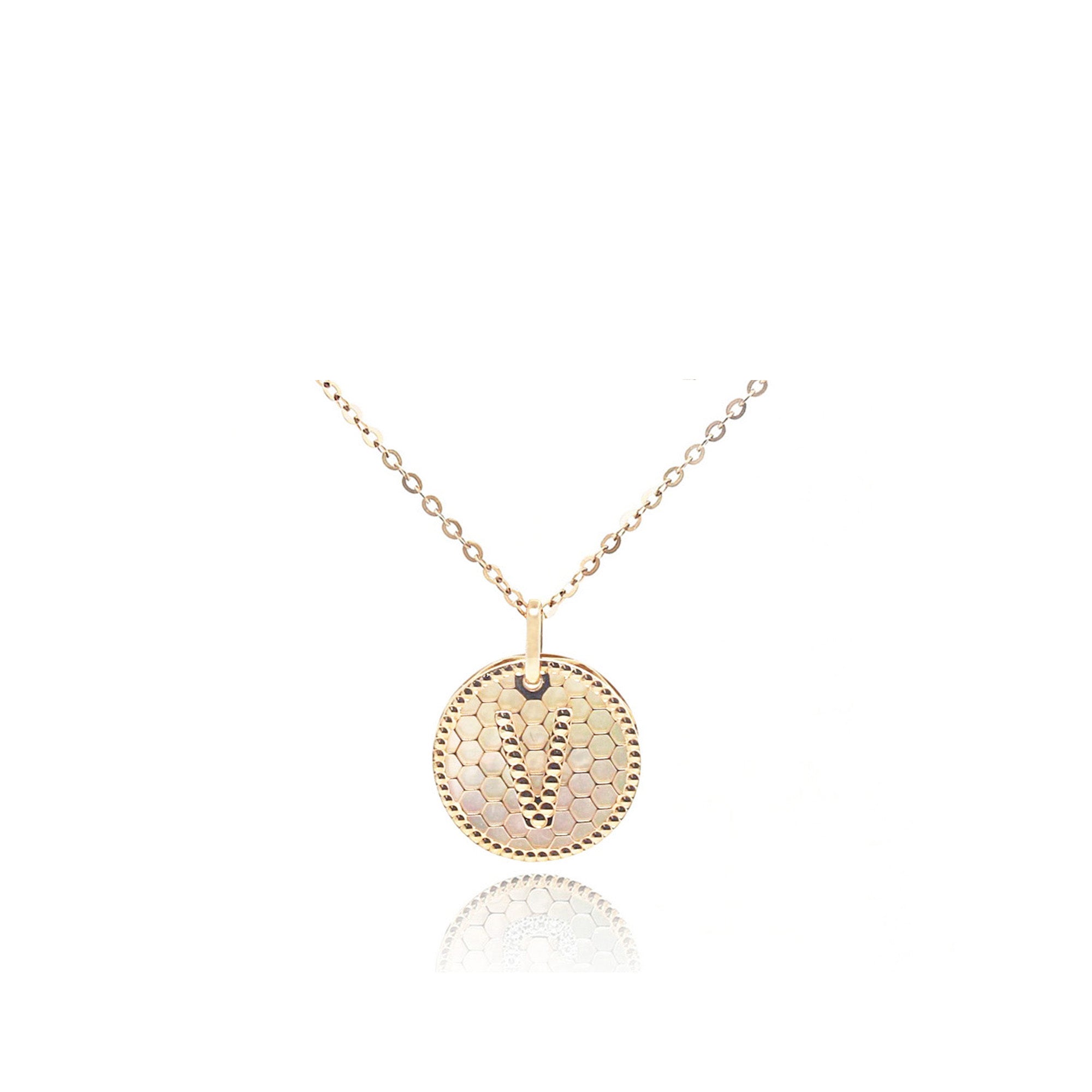 18K Honeycomb Initial Diamond Pendant   Letter "V"