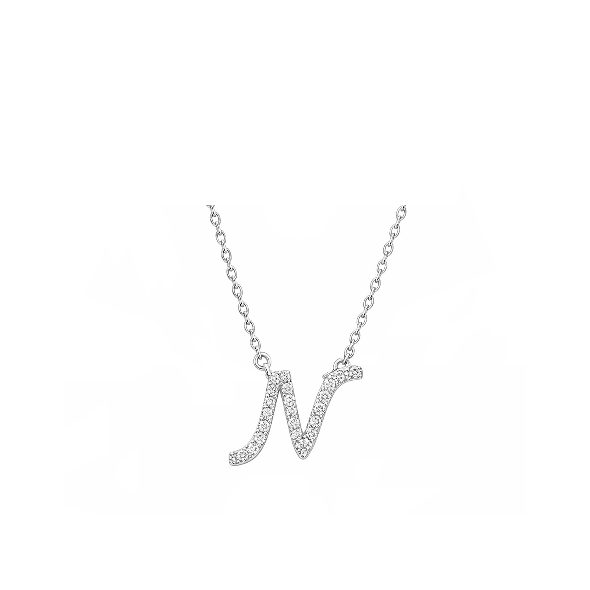 18K White Gold Cursive Letter N Diamond Necklace