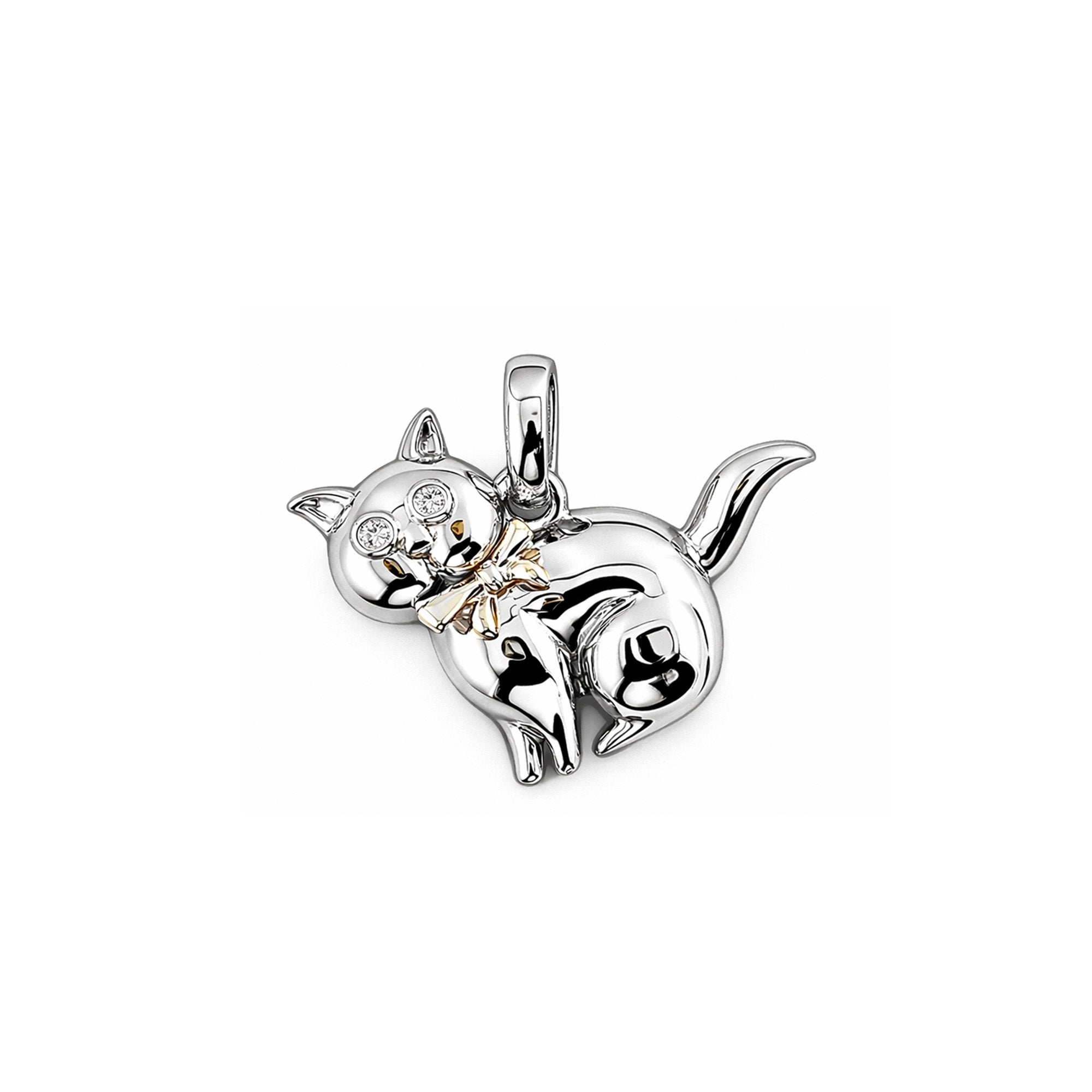 18K Yellow Gold Two Cat Pendant with Diamond Eyes & Bow