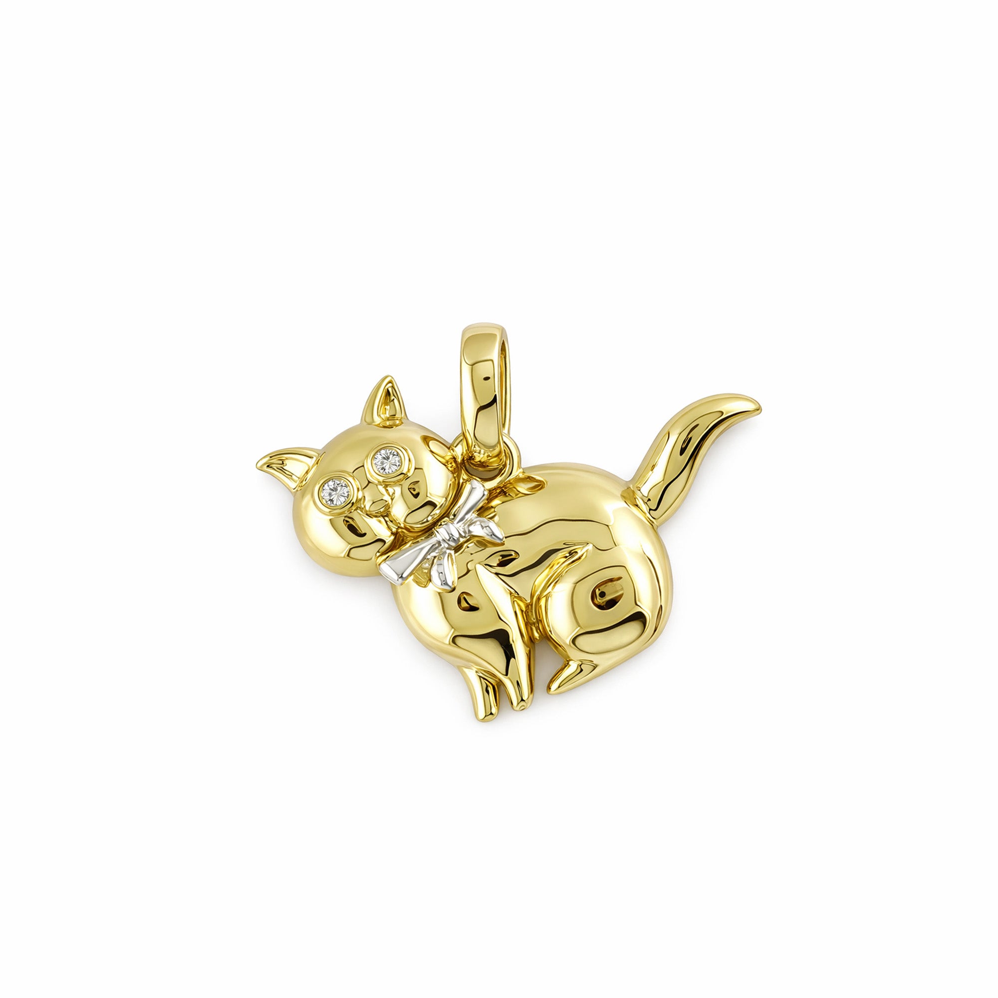 18K Yellow Gold Two Cat Pendant with Diamond Eyes & Bow