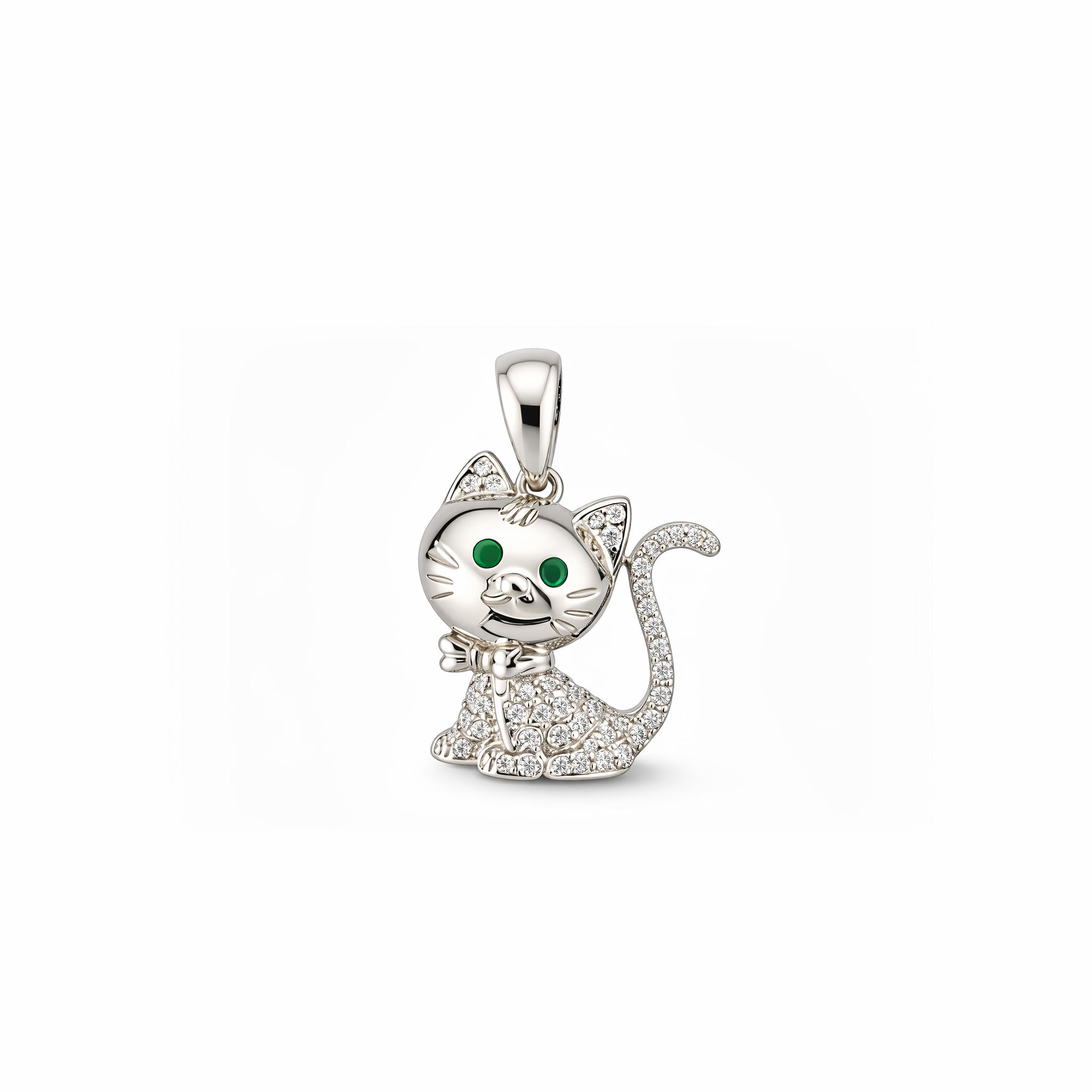 18K White Gold Diamond Cat Pendant with Green Eyes