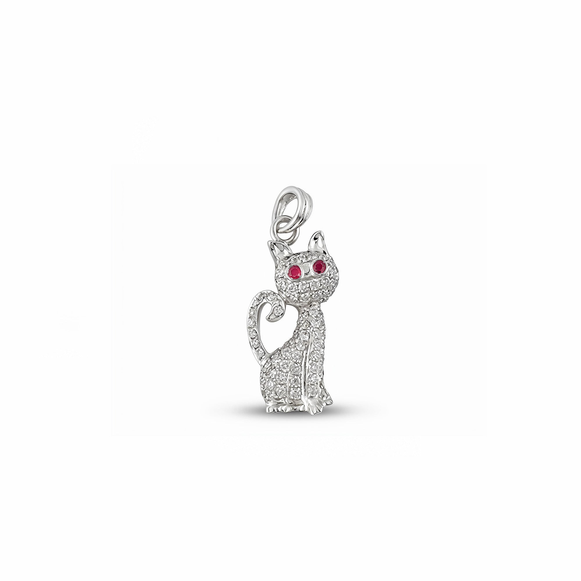 18K White Gold Diamond Cat Pendant with Ruby Eyes