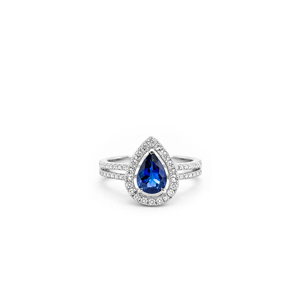 18K Pear Blue Sapphire Sppt Shank Halo Ring