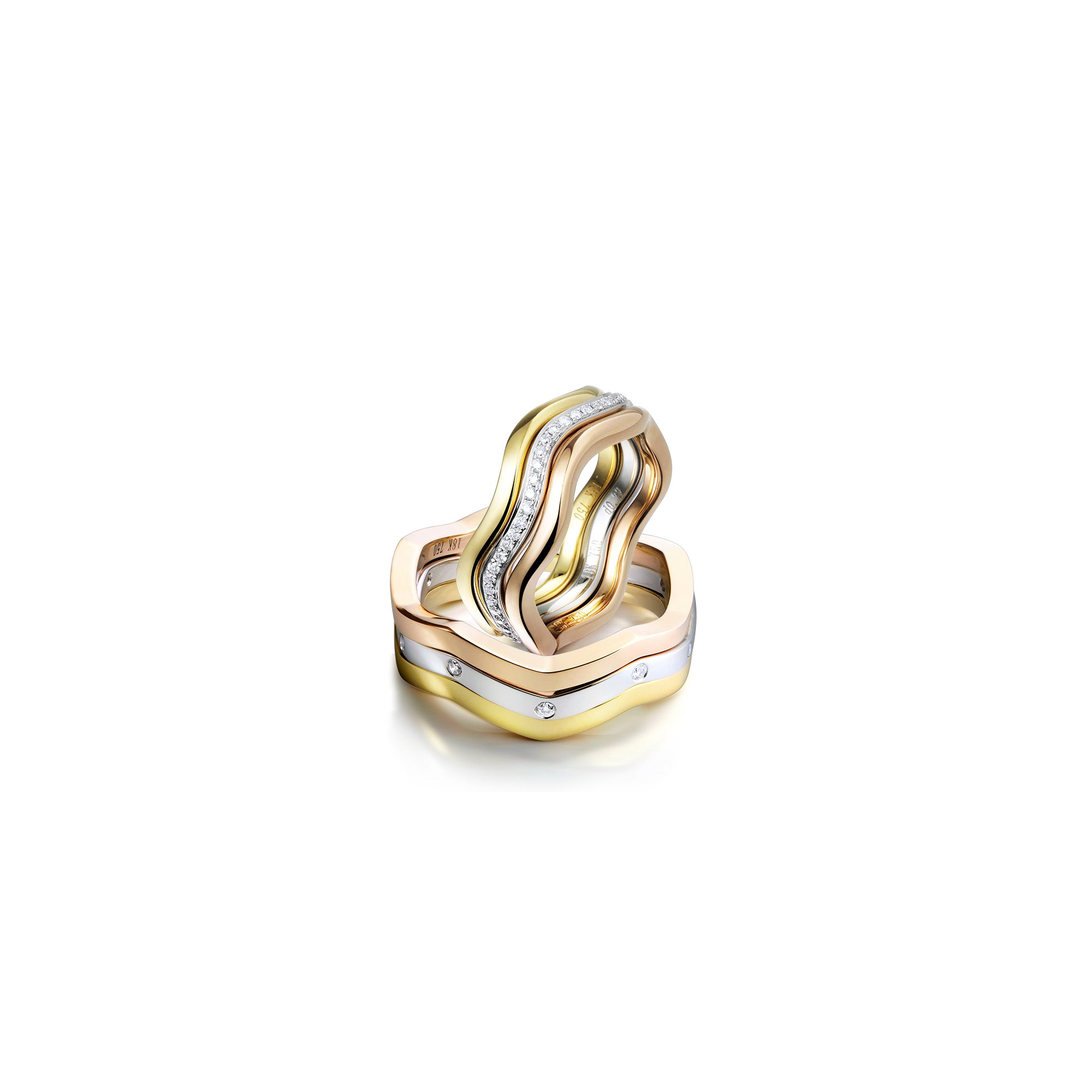 18K Tri-Color Gold stackable Wavy Wedding Bands - Yellow, White & Rose Gold Set