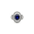 18K White Gold Oval Blue Sapphire Ring with Double Diamond Halo