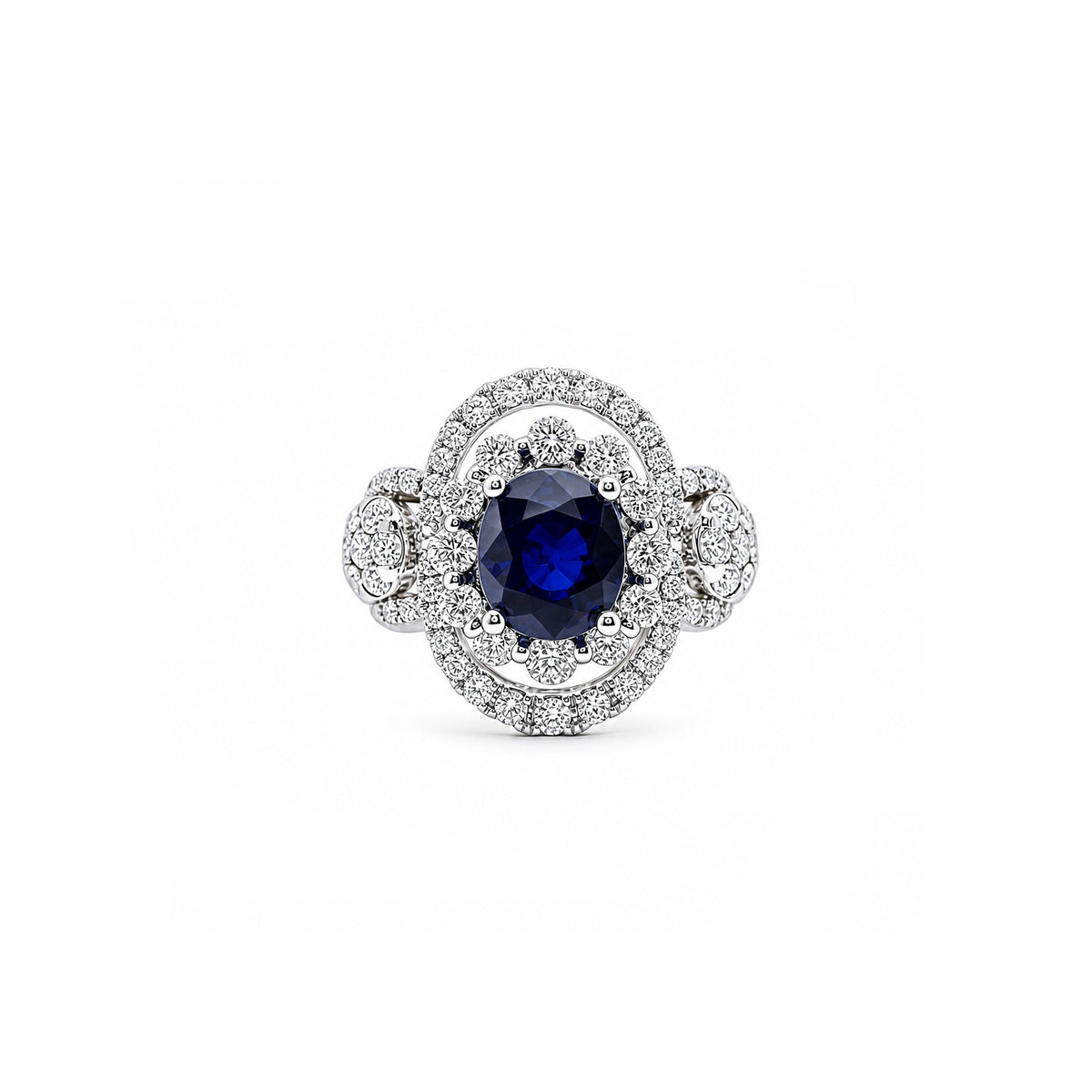 18K White Gold Oval Blue Sapphire Ring with Double Diamond Halo