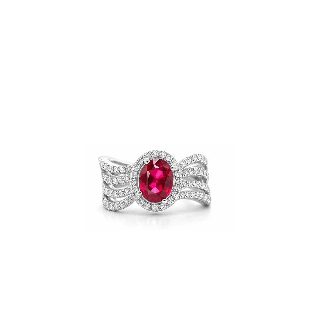 18K Oval Red Ruby Halo Ring