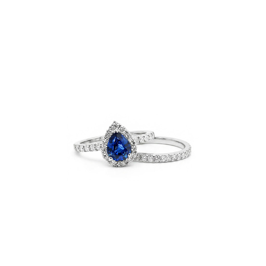 18K Blue Sapphire Halo Bridal Ring Set