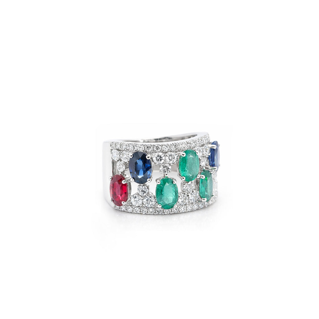 18K Multi Gemstone Wide Band Ring