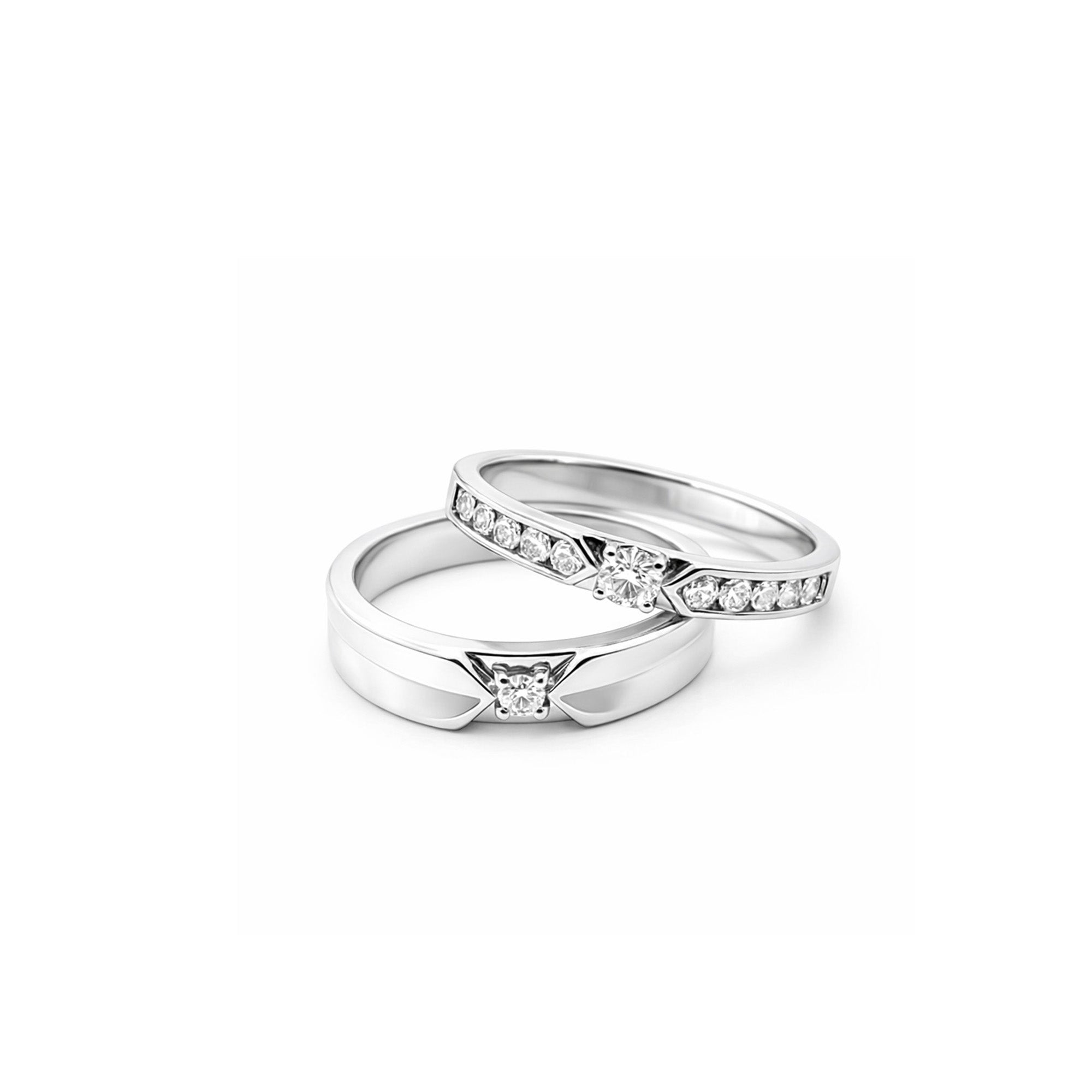 18K Tapered Chevron Solitaire & Channel-Set Diamond Promise Rings